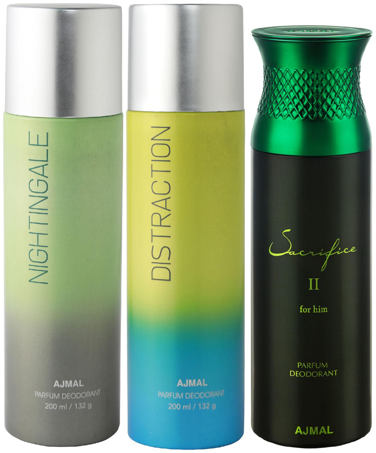 

Ajmal Nightingale and Distraction for Men Women and Sacrifice II for Him for Men High Quality Deodorants 200 ml Each ( Pack of 3 )