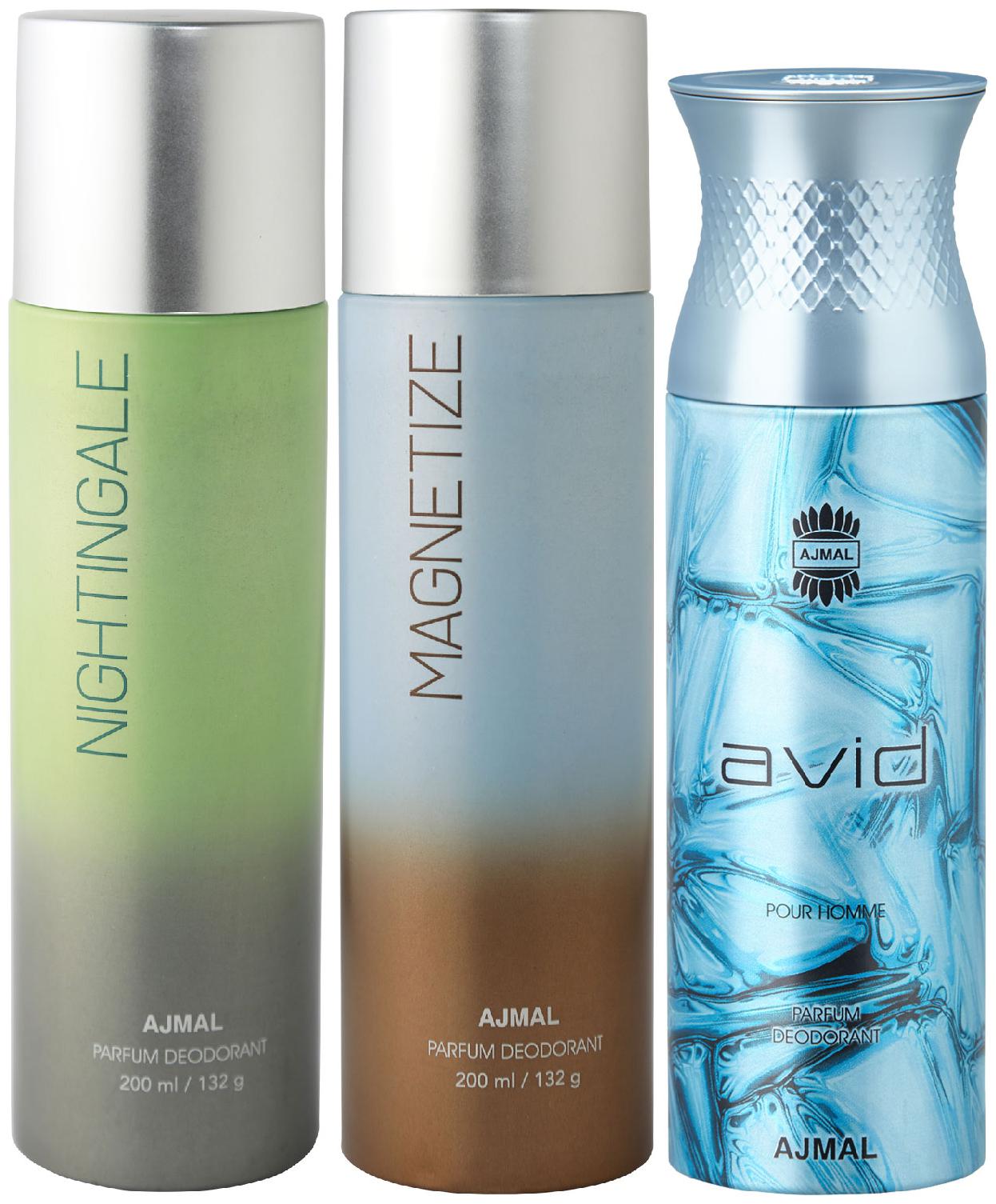 

Ajmal Nightingale and Magnetize for Men Women and Avid for Men High Quality Deodorants 200 ml Each ( Pack of 3 )