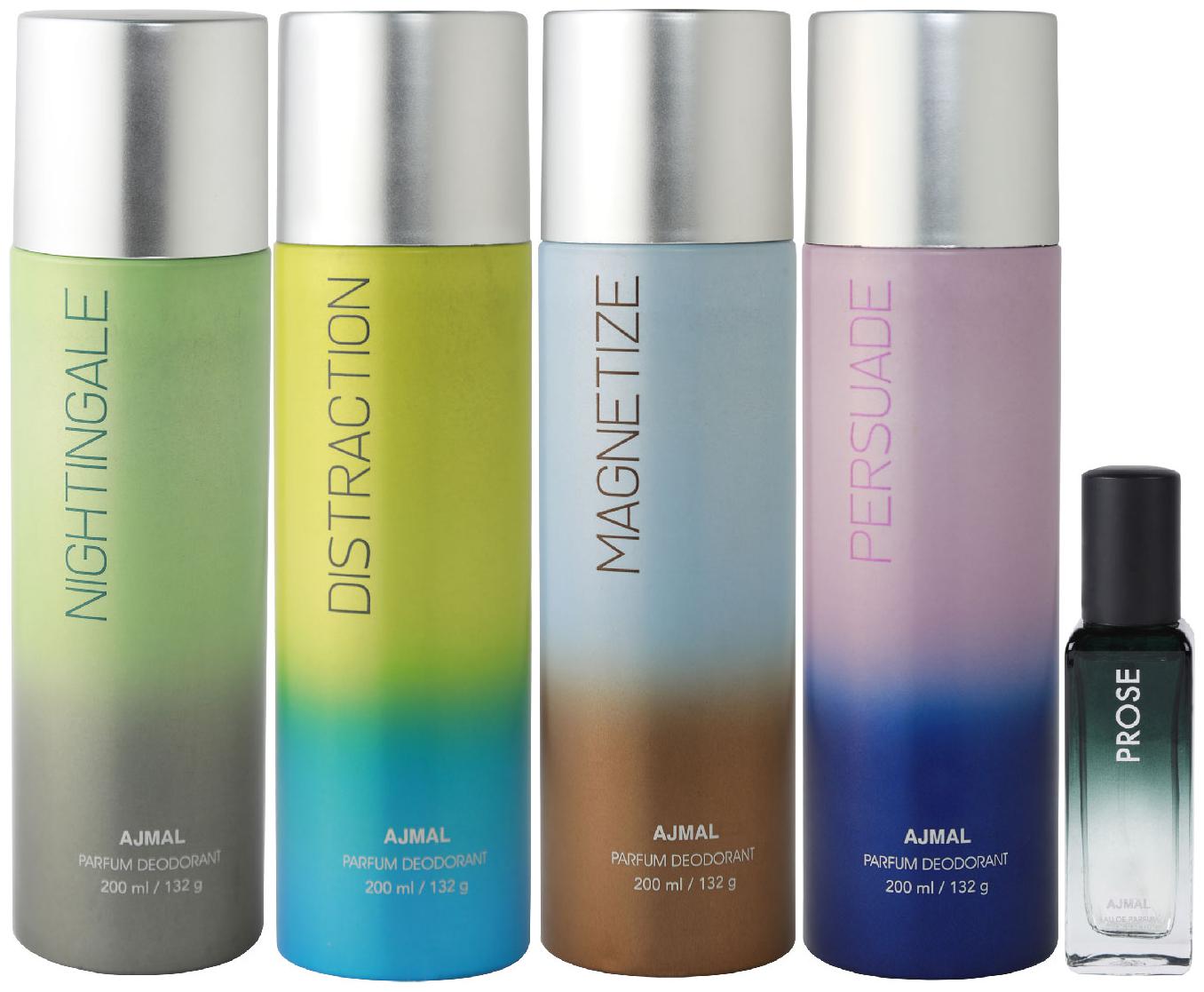

Ajmal Nightingale Distraction Magnetize Persuade Deo each 200 ml Prose EDP 20 ml Pack of 5 for Men Women