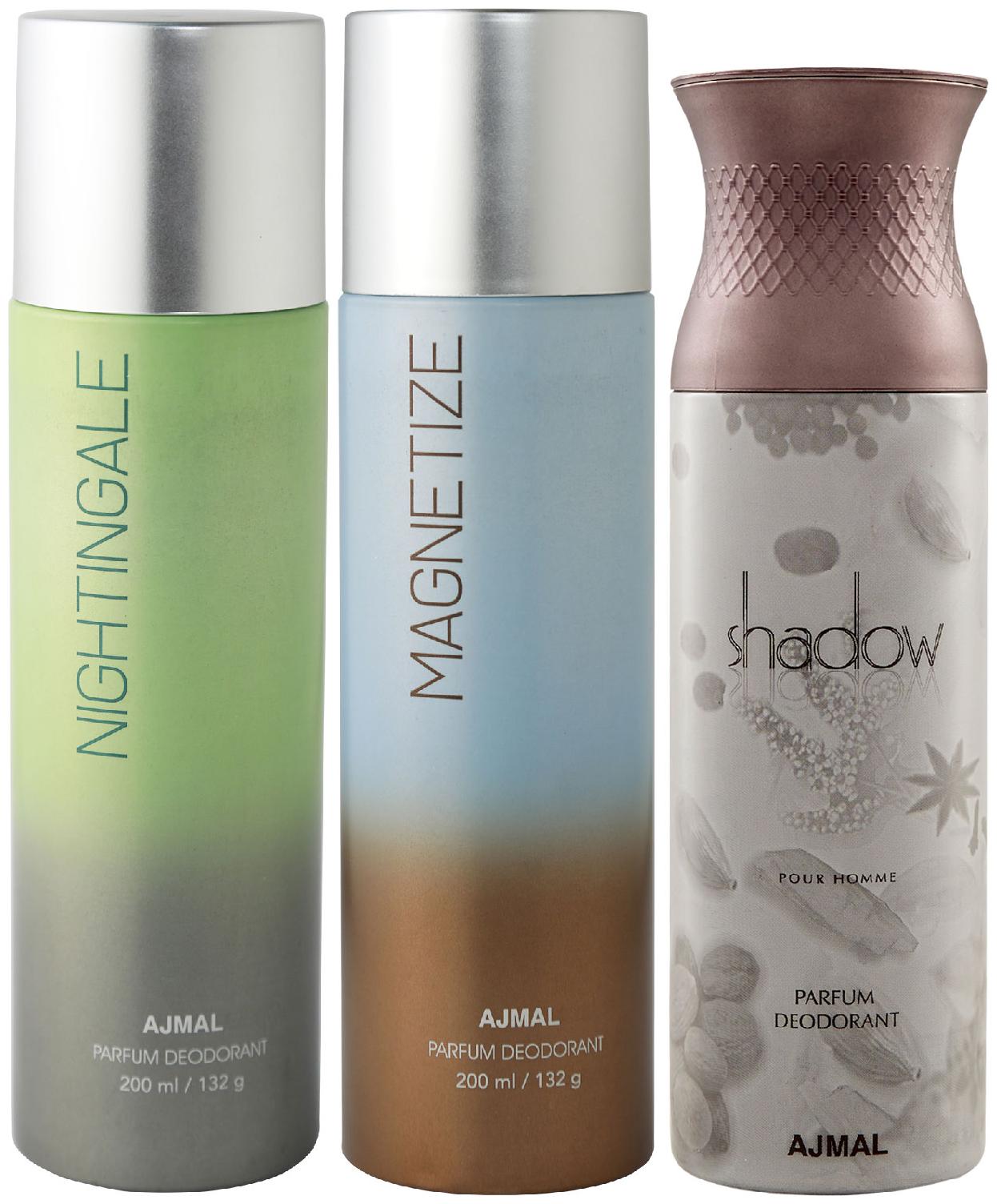 

Ajmal Nightingale and Magnetize for Men Women and Shadow Him for Men High Quality Deodorants 200 ml Each ( Pack of 3 )