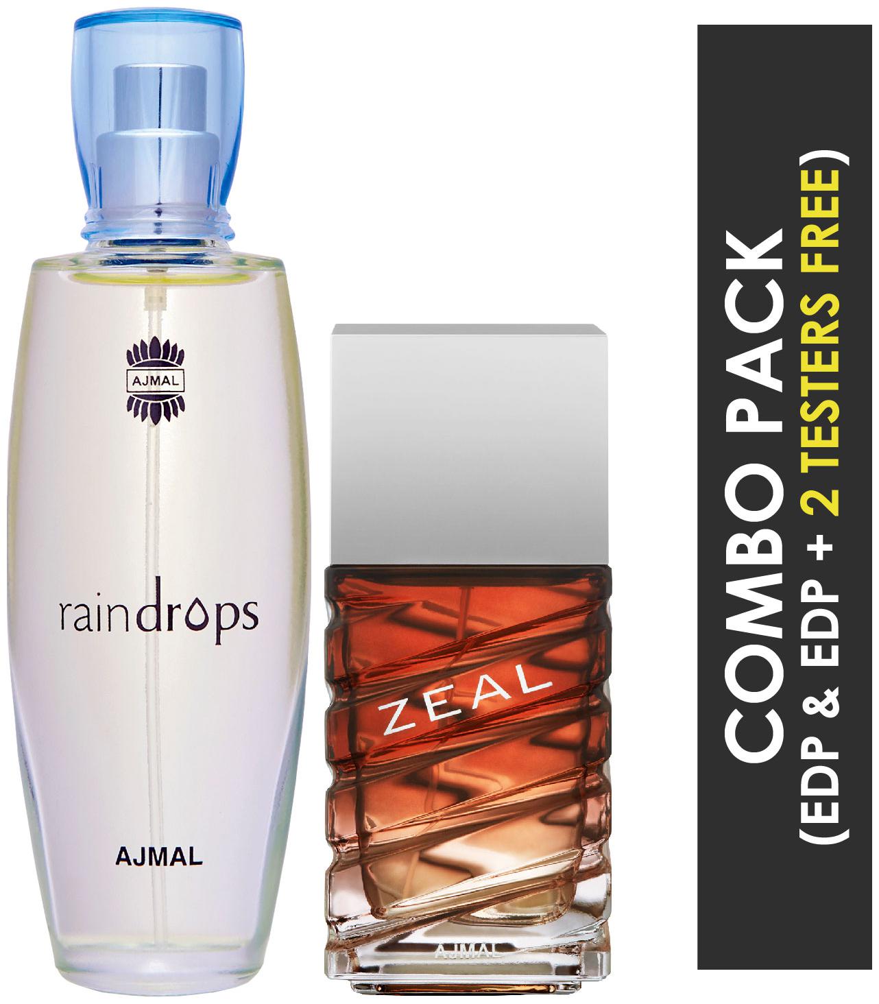 

Ajmal Raindrops EDP Floral Chypre Perfume 50ml for Women and Zeal EDP Aquatic Woody Perfume 100ml for Men