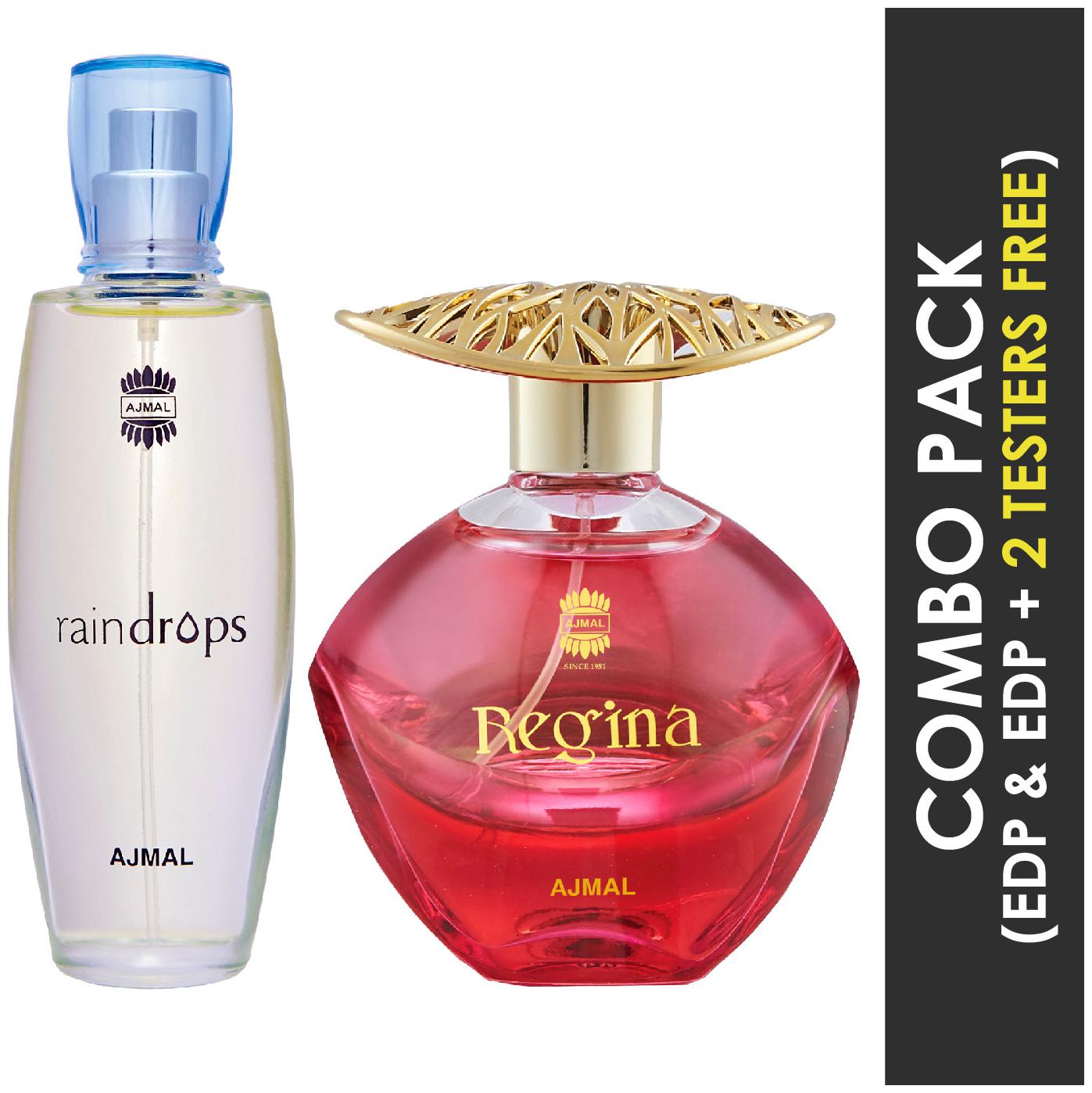 

Ajmal Raindrops EDP Floral Chypre Perfume 50ml for Women and Ajmal Regina EDP Floral Fruity Perfume 100ml for Women