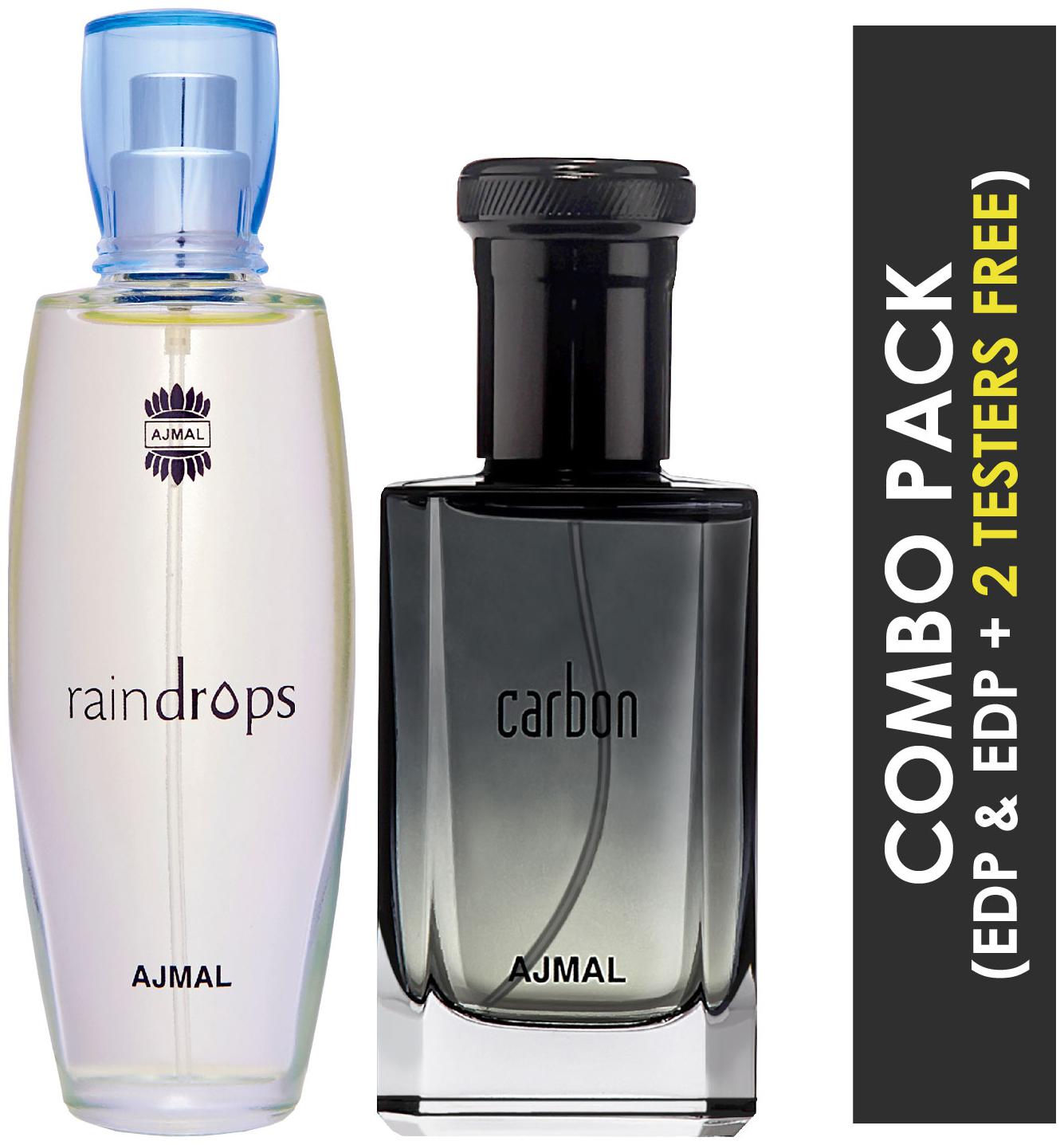 

Ajmal Raindrops EDP Floral Chypre Perfume 50ml for Women and Ajmal Carbon EDP Citrus Spicy Perfume 100ml for Men