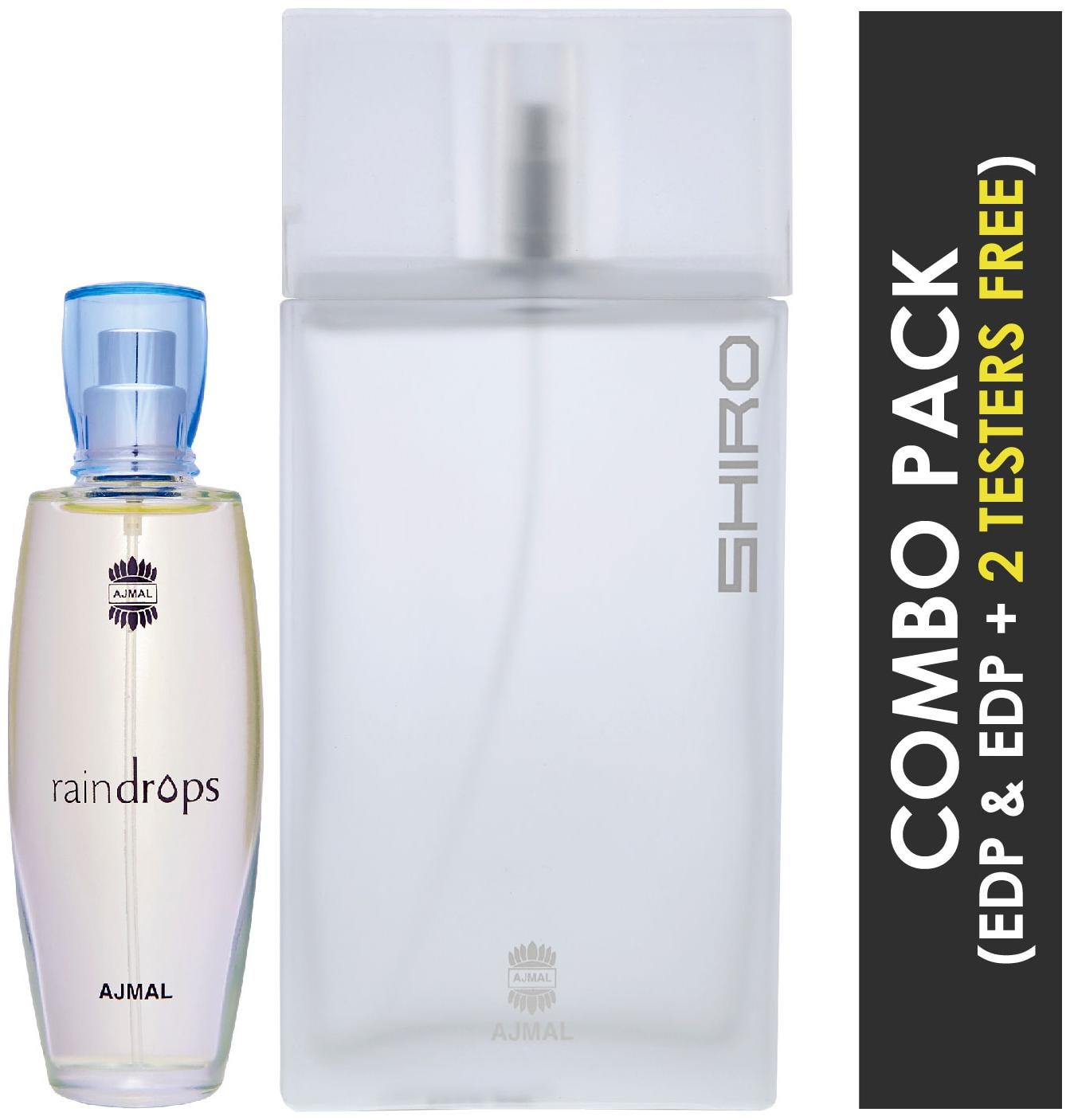 

Ajmal Raindrops EDP Floral Chypre Perfume 50ml for Women and Ajmal Shiro EDP Citrus Spicy Perfume 90ml for Men