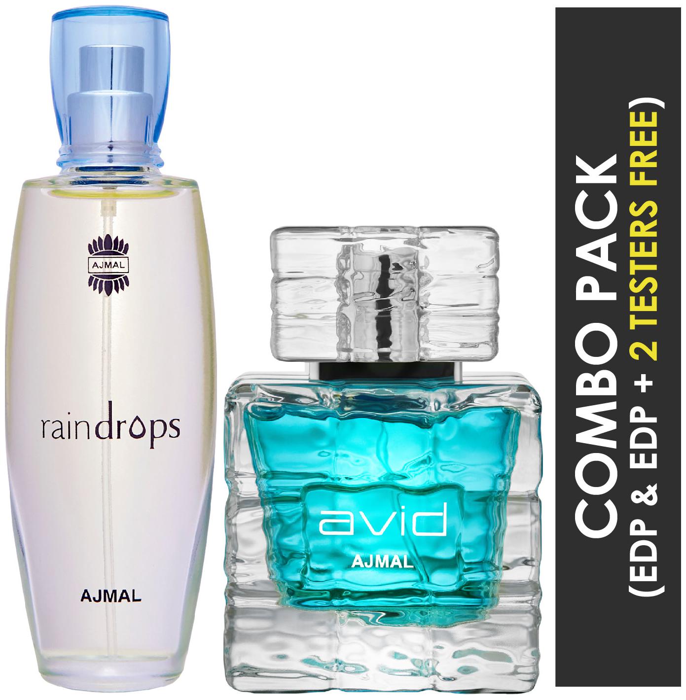 

Ajmal Raindrops EDP Floral Chypre Perfume 50ml for Women and Avid EDP Aquatic Woody Perfume 75ml for Men