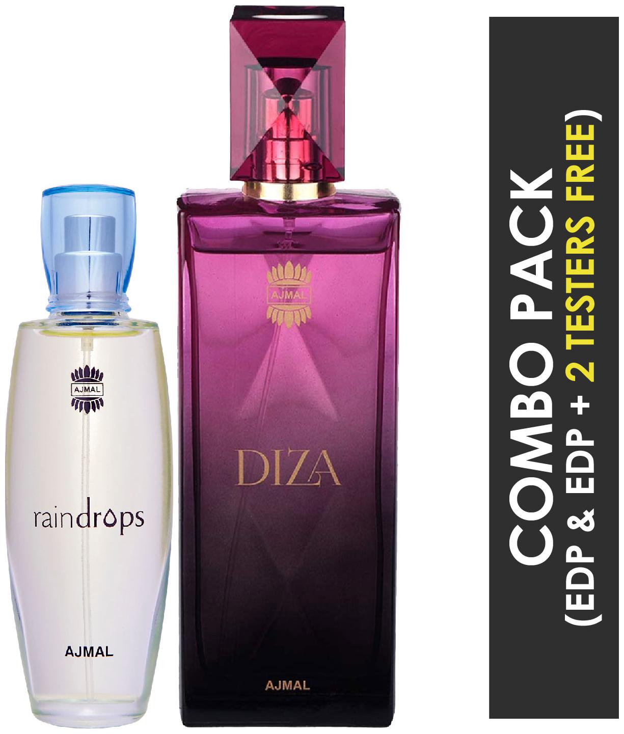 

Ajmal Raindrops EDP Floral Chypre Perfume 50ml for Women and Ajmal Diza EDP Fruity Floral Perfume 100ml for Women