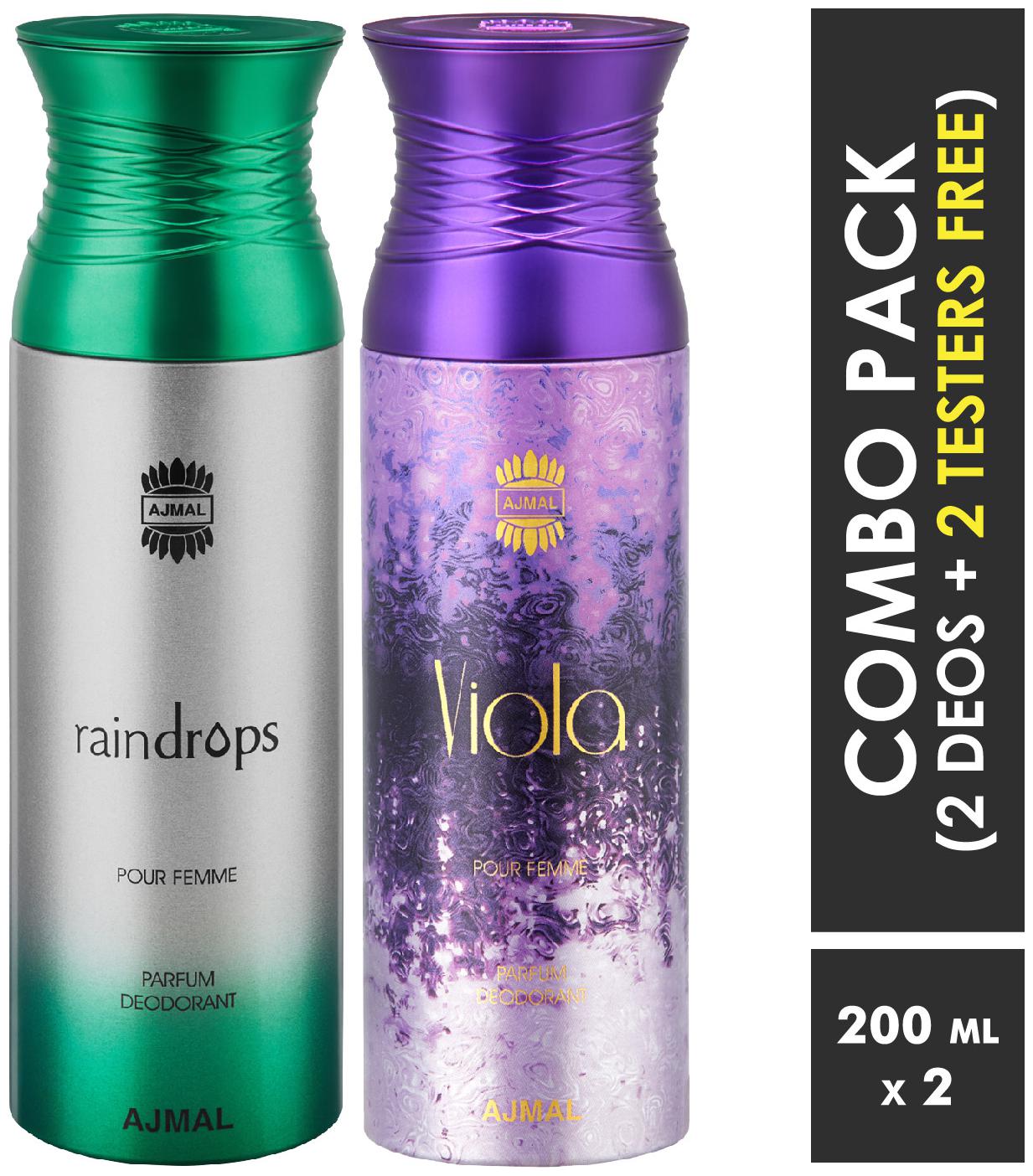 

Ajmal Raindrops Viola Deodorants for Women 200ml each (Pack of 2 400ml) 2 Parfum Testers Free