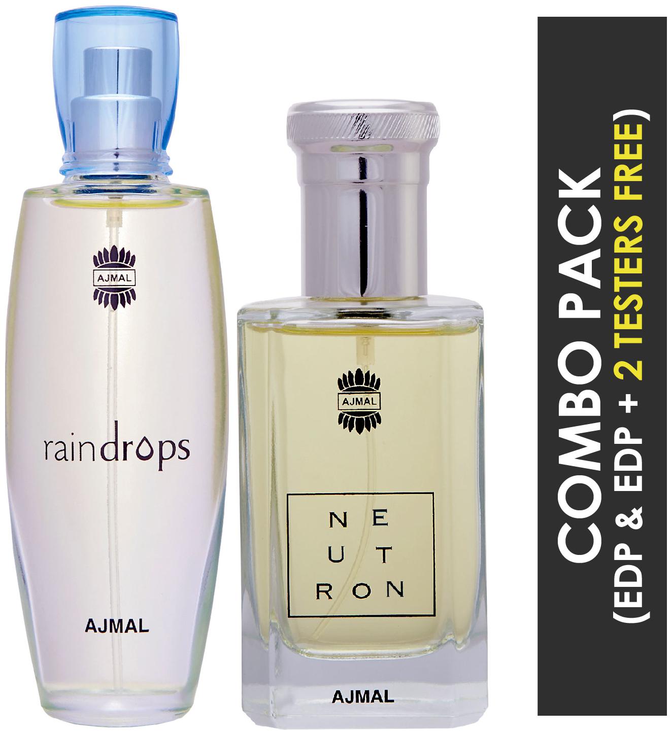 

Ajmal Raindrops EDP Floral Chypre Perfume 50ml for Women and Ajmal Neutron EDP Citrus Fruity Perfume 100ml for Men (Pack of 2)