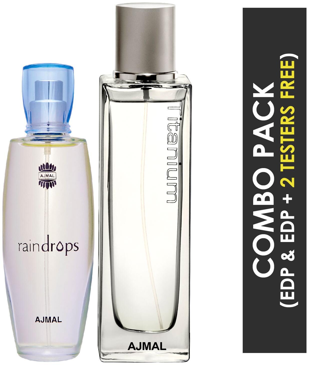 

Ajmal Raindrops EDP Floral Chypre Perfume 50ml for Women and Titanium EDP Citrus Spicy Perfume 100ml for Men