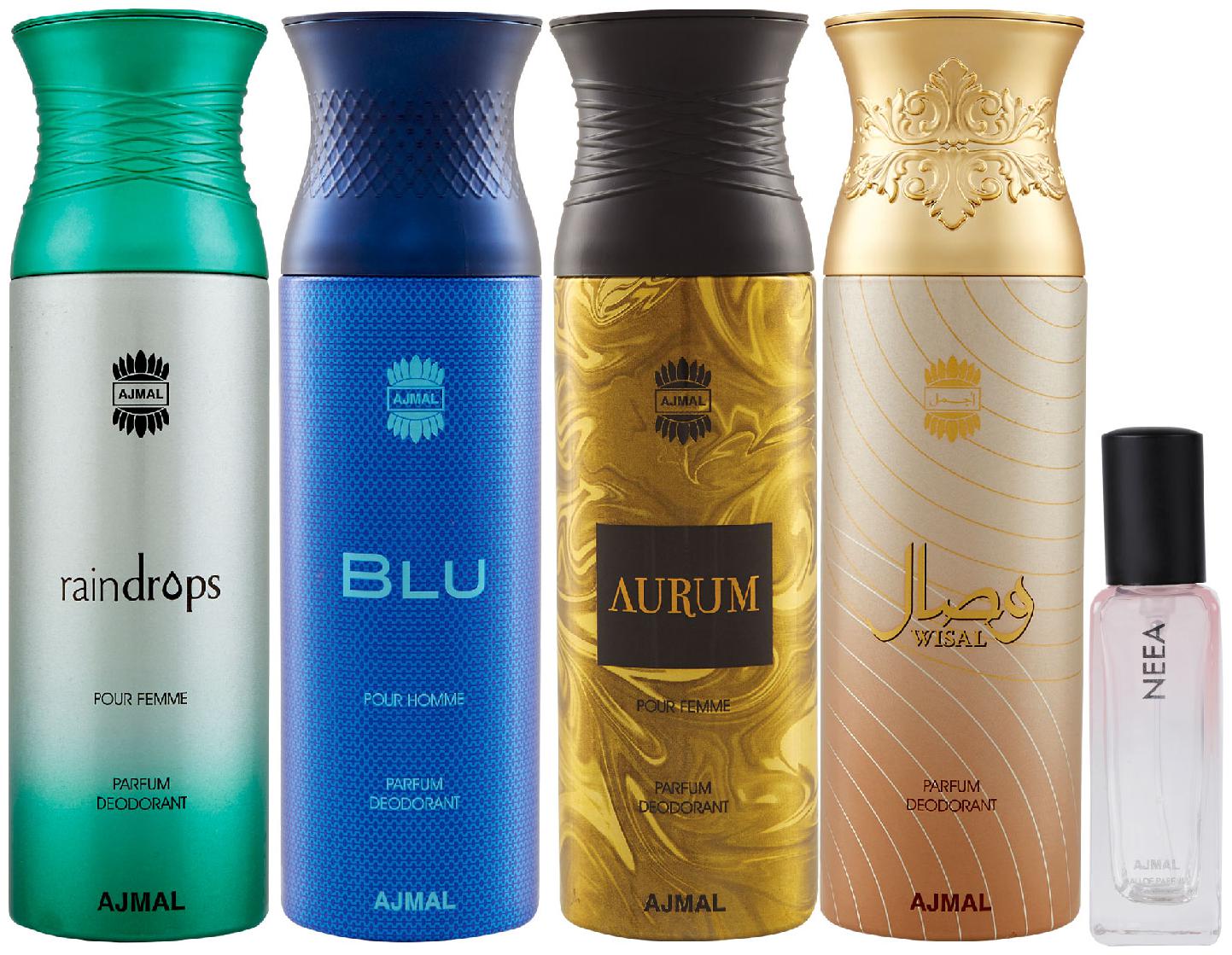 

Ajmal Raindropss Blu Aurum Wisal Deo each 200 ml Neea EDP 20 ml Pack of 5 for Men Women