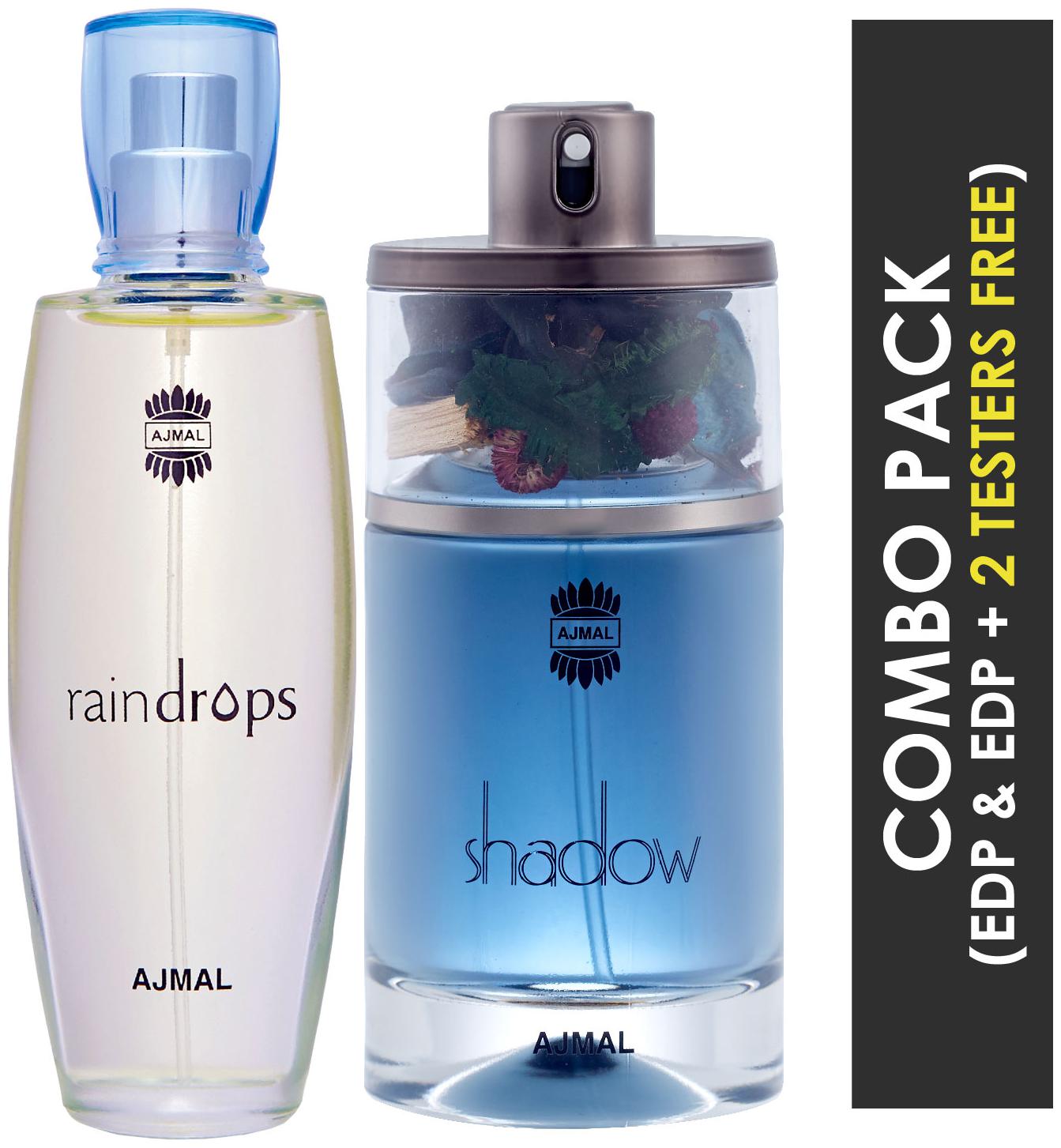

Ajmal Raindrops EDP Floral Chypre Perfume 50ml for Women and Ajmal Shadow HIM EDP Spicy Woody Perfume 75ml for Men
