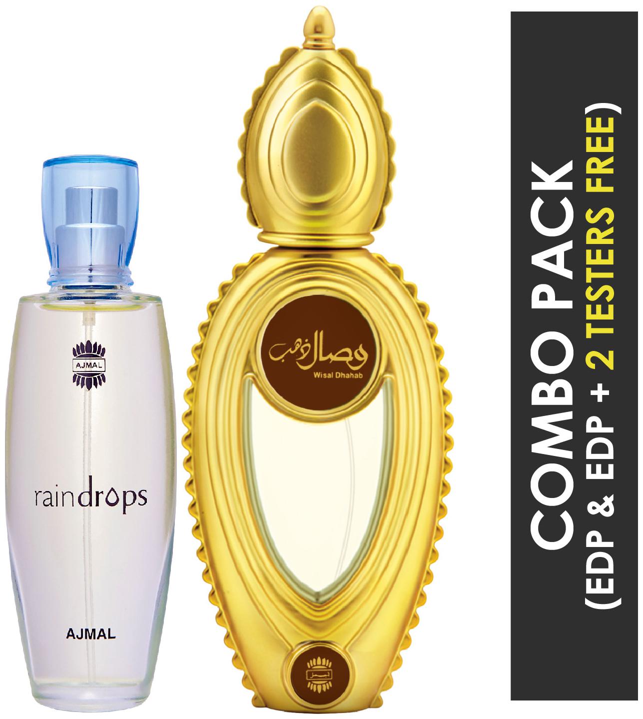 

Ajmal Raindrops EDP Floral Chypre Perfume 50ml for Women and Wisal Dhahab EDP Fruity Floral Perfume 50ml for Men