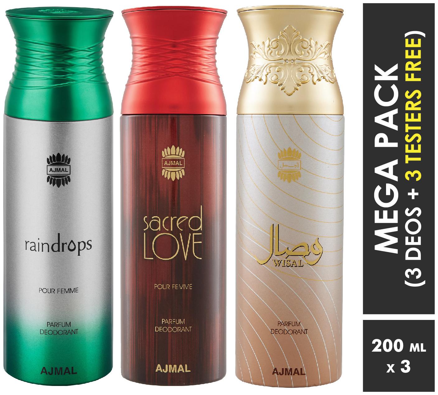 

Ajmal Raindrops Sacred Love Wisal Deodorant Spray For Women 200ml each (Pack of 3 600ml) 3 Parfum Testers Free