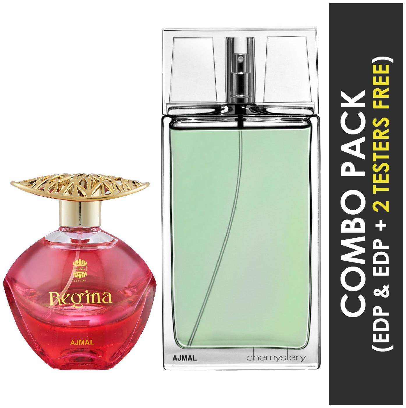 

Ajmal Regina EDP Floral Fruity Perfume 100ml for Women and Chemystery EDP Spicy Woody Perfume 90ml for Men