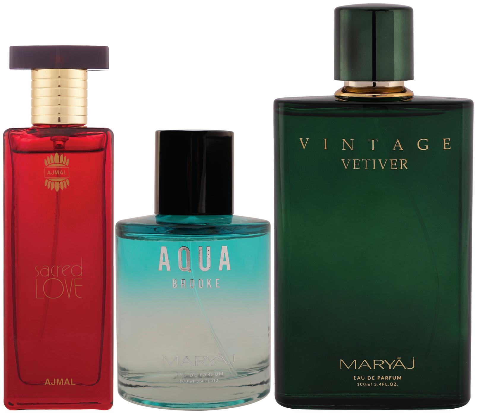 

Ajmal Sacred Love EDP 50ml Floral Perfume Maryaj Aqua Brooke EDP Maryaj Vintage Vetiver EDP 100ml (Pack of 3)