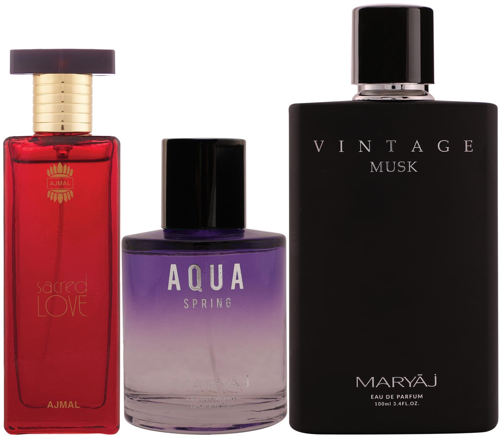 

Ajmal Sacred Love EDP 50ml Floral Perfume Maryaj Aqua Spring EDP Maryaj Vintage Musk EDP 100ml (Pack of 3)