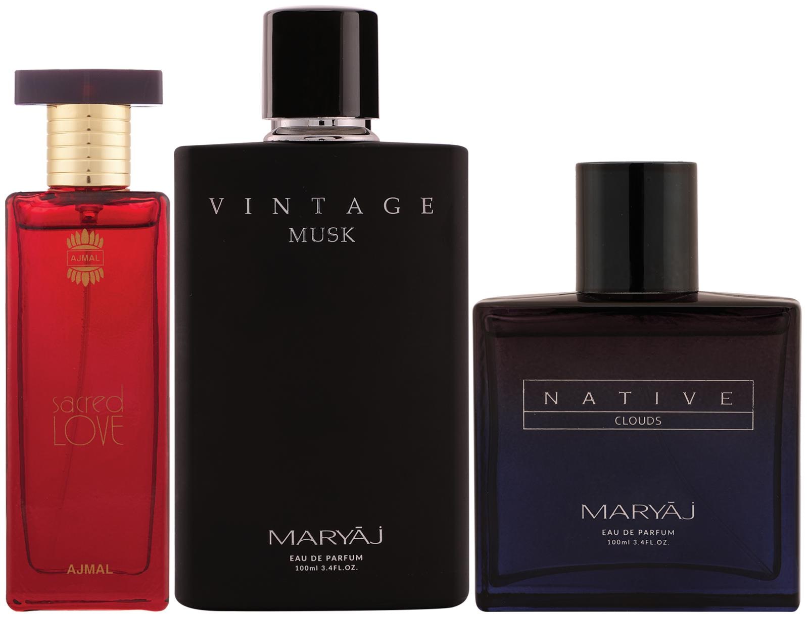

Ajmal Sacred Love EDP 50ml Floral Perfume Maryaj Vintage Musk EDP Maryaj Native Clouds EDP 100ml (Pack of 3)