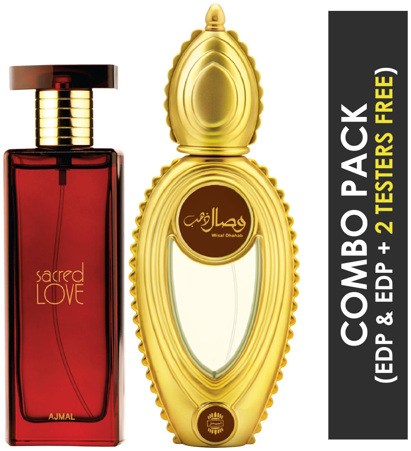 

Ajmal Sacred Love EDP Floral Musky Perfume 50ml for Women and Wisal Dhahab EDP Fruity Floral Perfume 50ml for Men