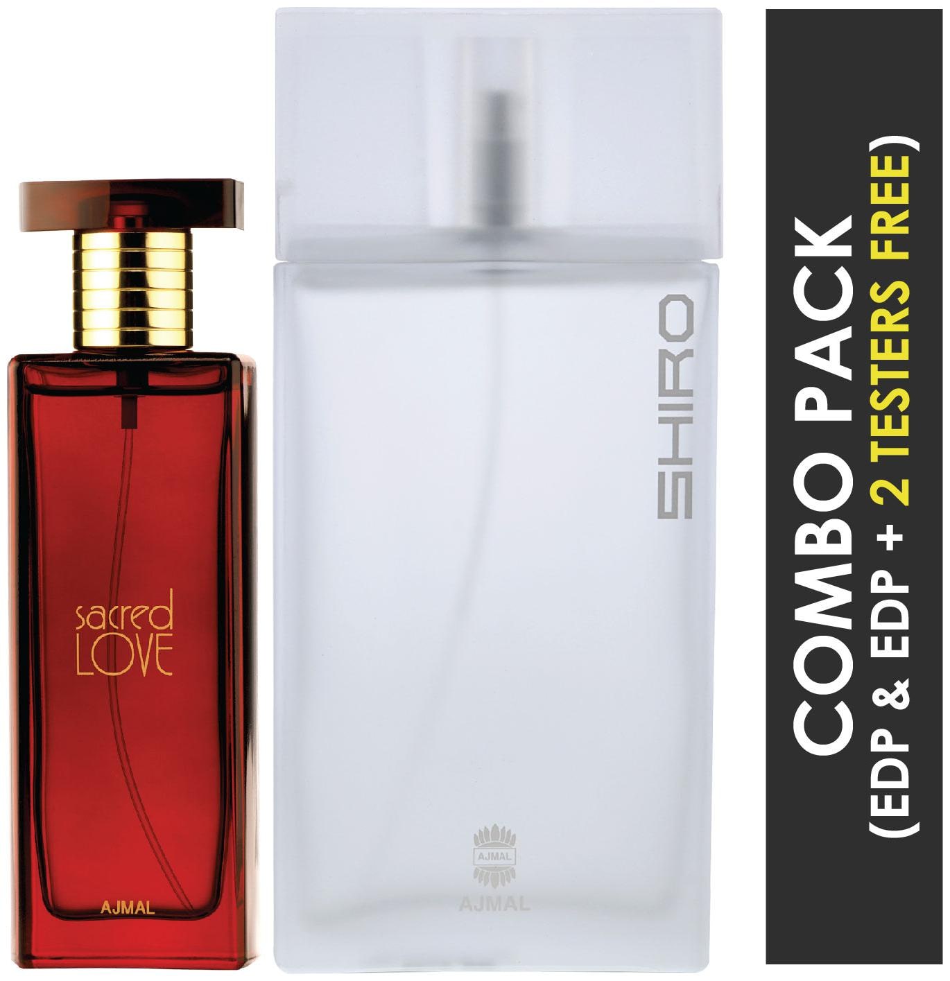 

Ajmal Sacred Love EDP Floral Musky Perfume 50ml for Women and Ajmal Shiro EDP Citrus Spicy Perfume 90ml for Men