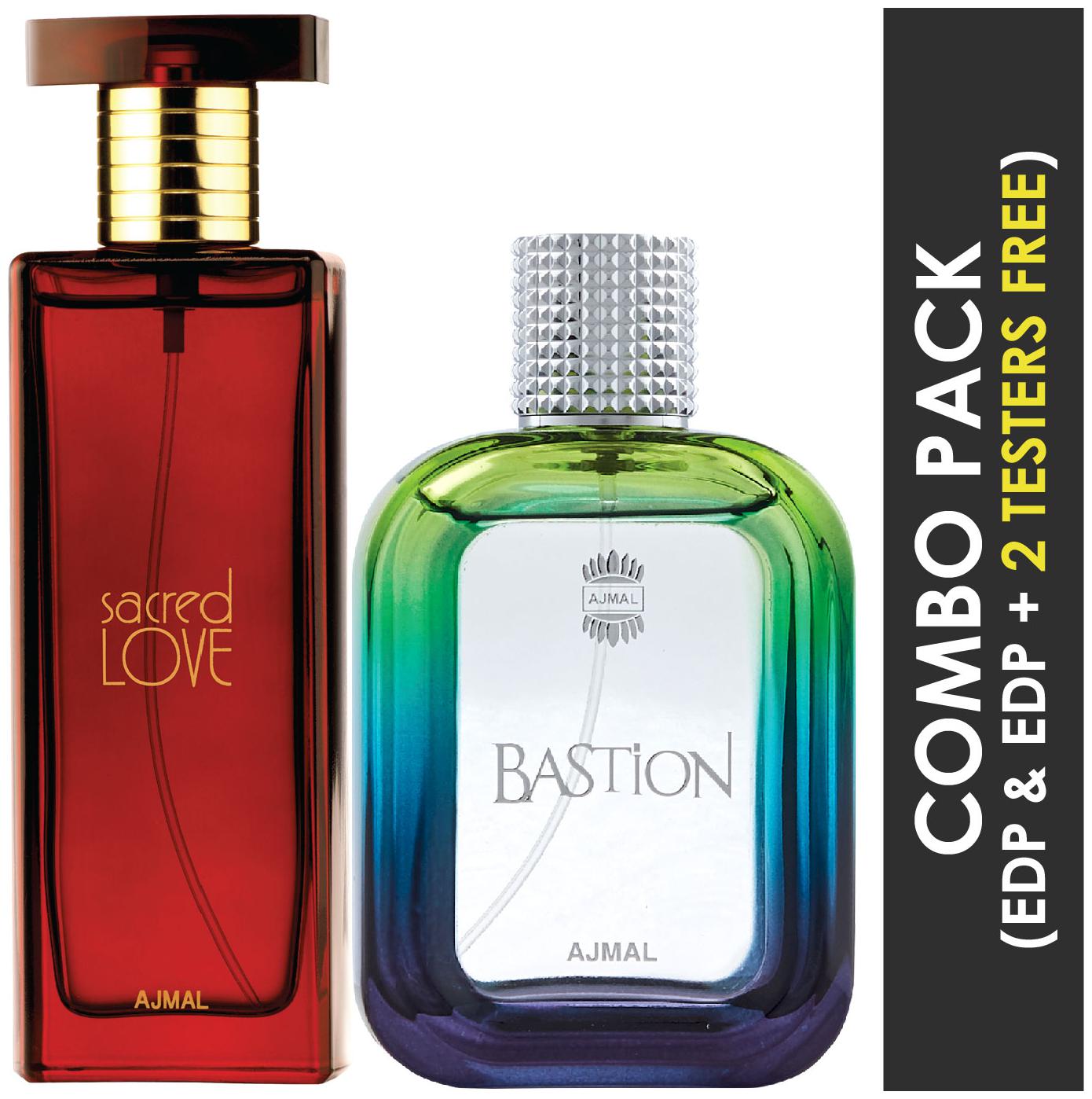 

Ajmal Sacred Love EDP Floral Musky Perfume 50ml for Women and Ajmal Bastion EDP Woody Aromatic Perfume 100ml for Men