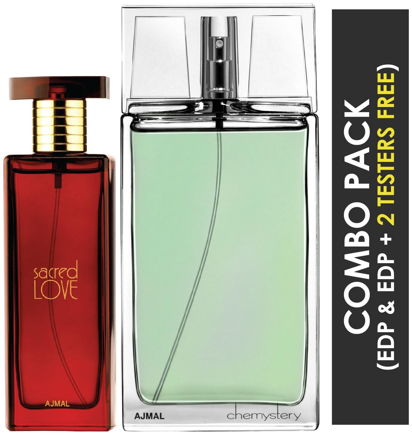 

Ajmal Sacred Love EDP Floral Musky Perfume 50ml for Women and Chemystery EDP Spicy Woody Perfume 90ml for Men