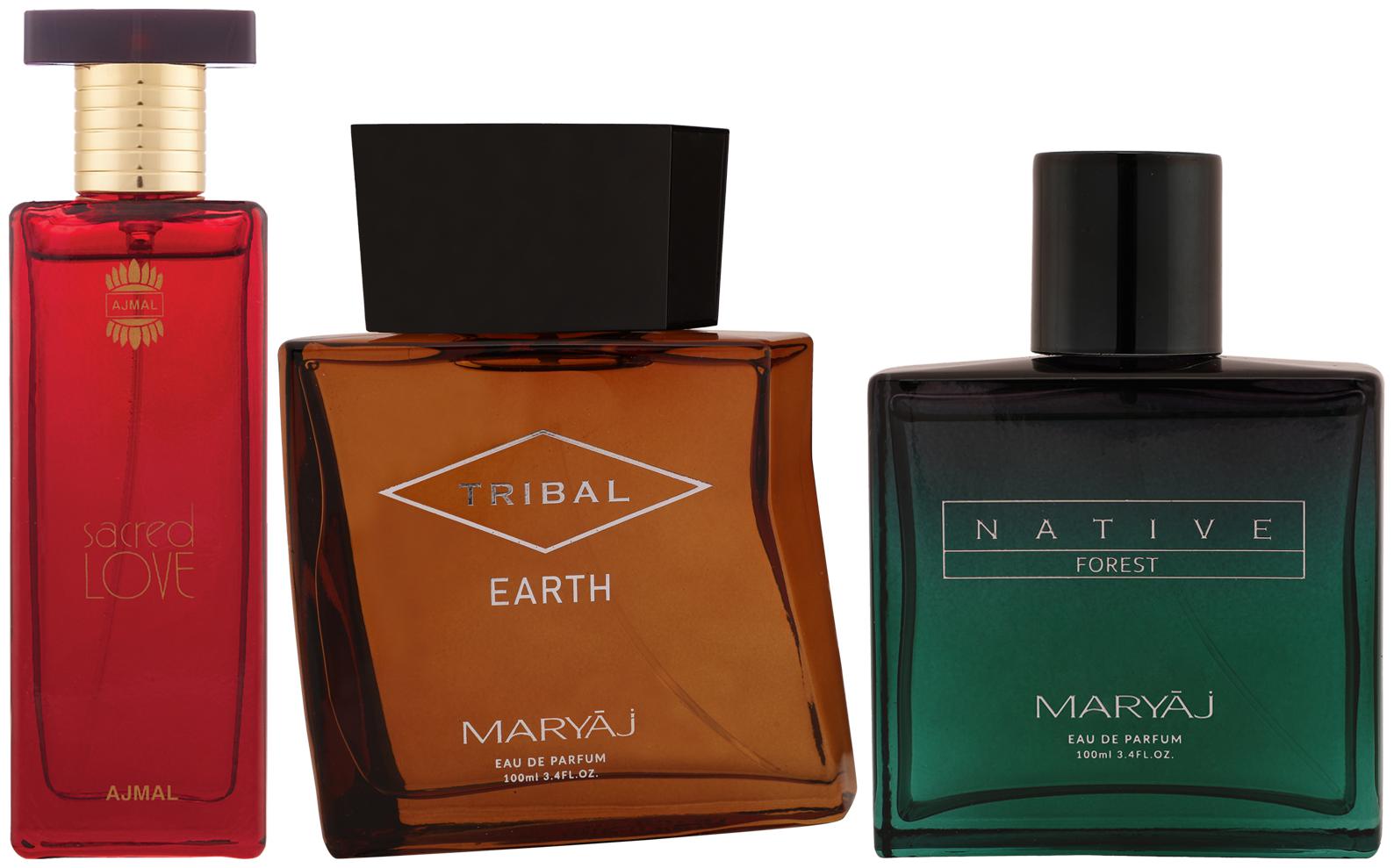 

Ajmal Sacred Love EDP 50ml Floral Perfume Maryaj Tribal Earth EDP Maryaj Native Forest EDP 100ml (Pack of 3)