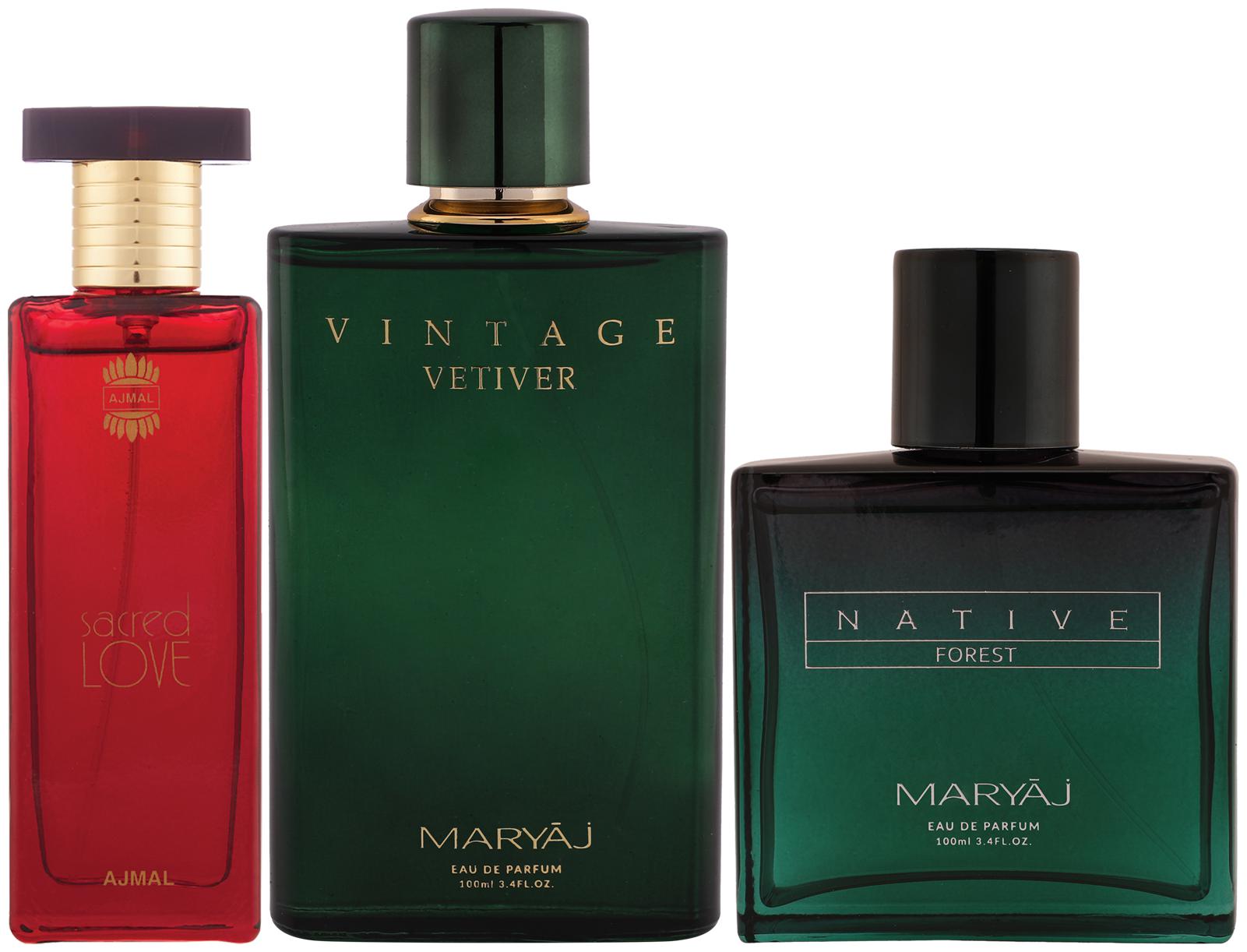 

Ajmal Sacred Love EDP 50ml Floral Perfume Maryaj Vintage Vetiver EDP Maryaj Native Forest EDP 100ml (Pack of 3)