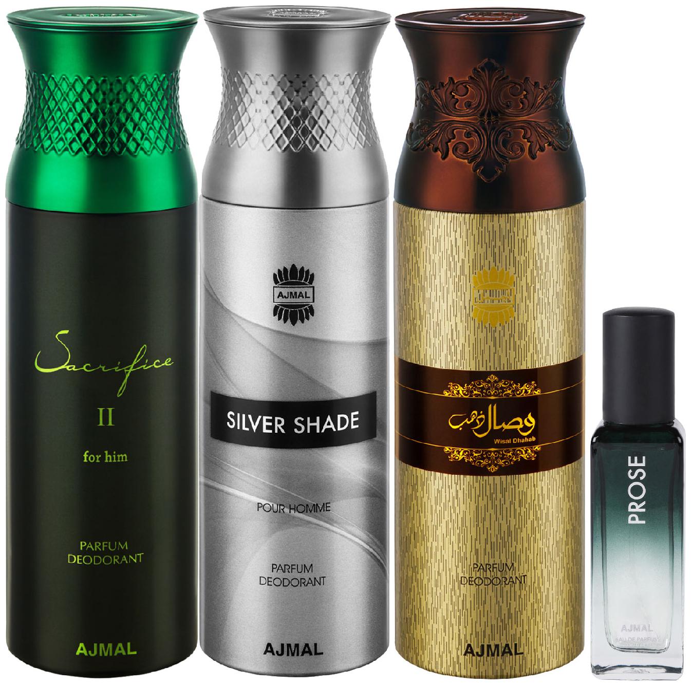 

Ajmal Sacrifice II Silver Shade Wisal Dahab Deo each 200 ml Prose EDP 20 ml Pack of 4 for Men Women