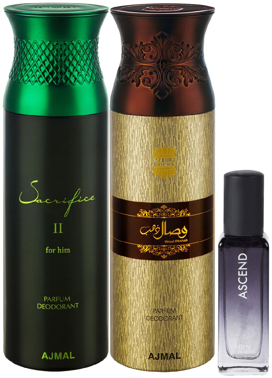 

Ajmal Sacrifice ll Him Wisal Dhahab Deo each 200 ml Ascend EDP 20 ml Pack of 3 for Men Women