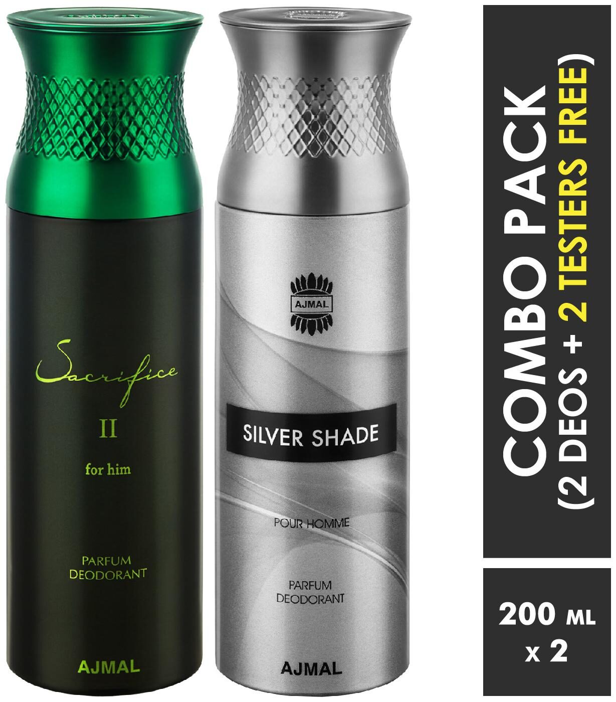 

Ajmal Sacrifice II Him SilverShade Deodorant Spray for Men 200ml each (Pack of 2 400ml) 2 Parfum Testers Free