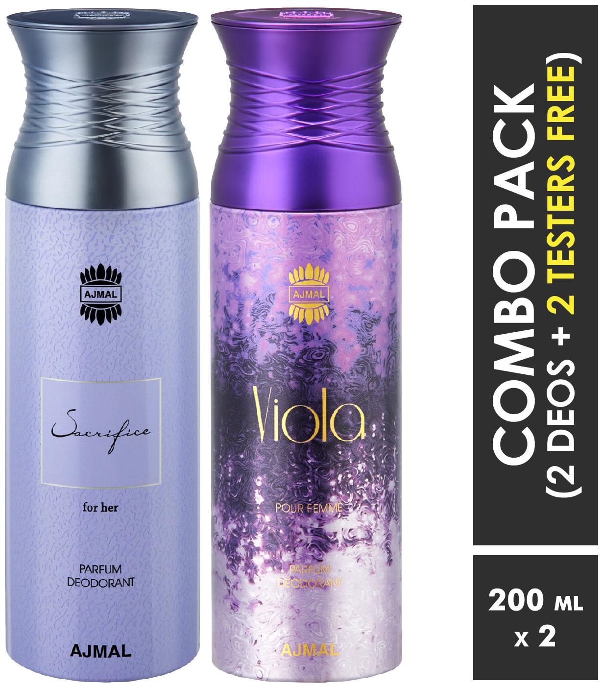 

Ajmal SacrificeHer Viola Deodorants for Women 200ml each (Pack of 2 400ml) 2 Parfum Testers Free