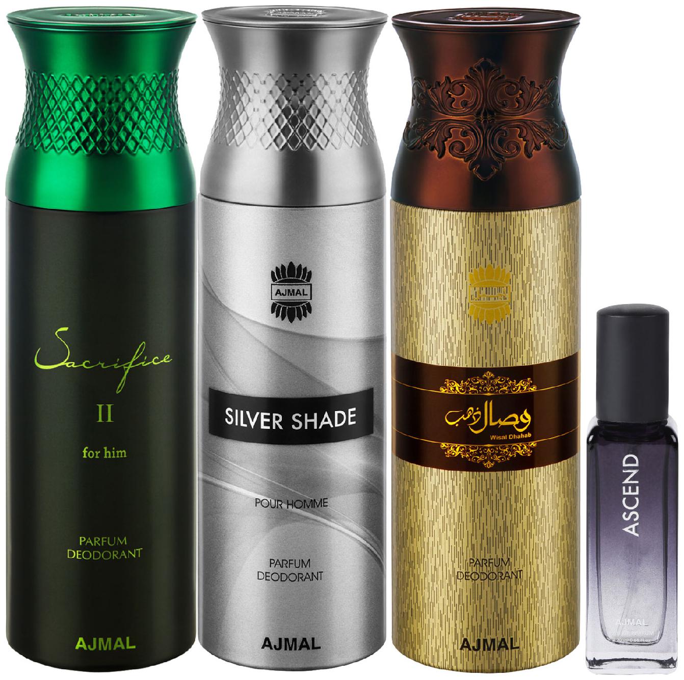 

Ajmal Sacrifice II Silver Shade Wisal Dahab Deo each 200 ml Ascend EDP 20 ml Pack of 4 for Men Women