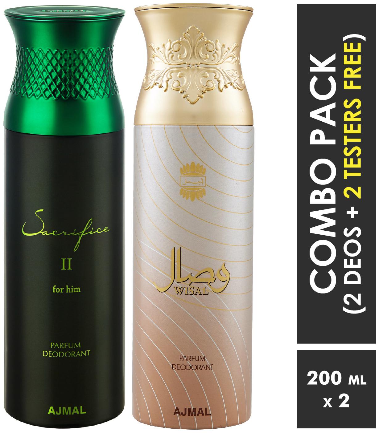 

Ajmal Sacrifice ll Him Wisal Deodorant Spray For Men Women 200ml each (Pack of 2 400ml) 2 Parfum Testers Free