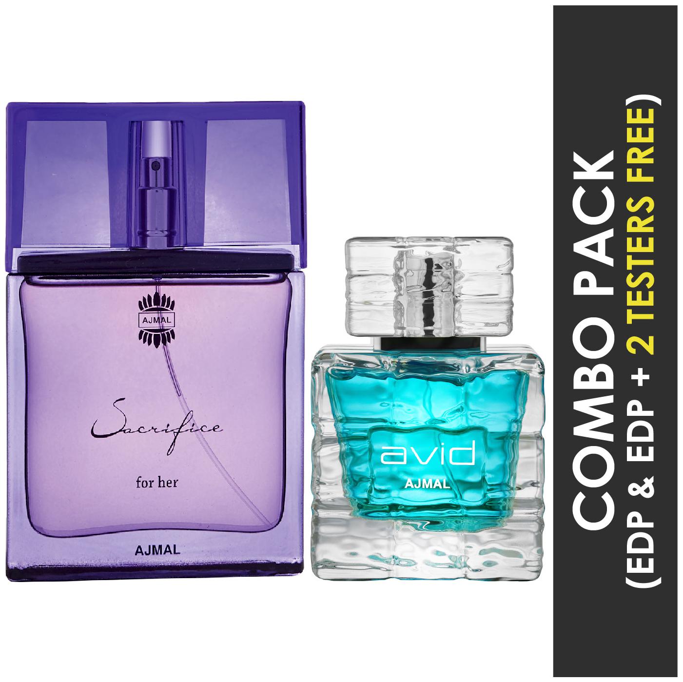 

Ajmal Sacrifice for HER EDP Floral Musky Perfume 50ml for Women and Avid EDP Aquatic Woody Perfume 75ml for Men