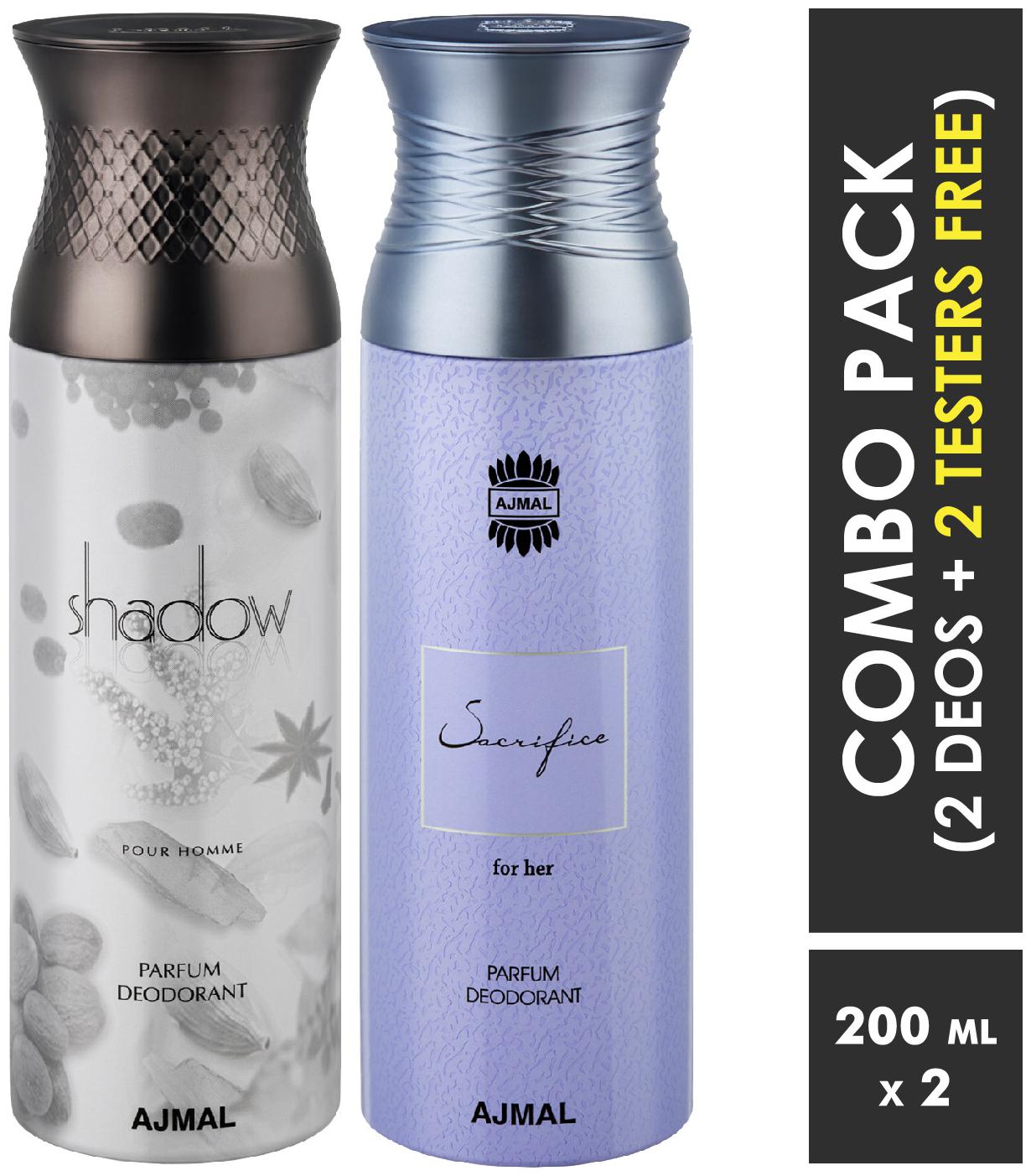 

Ajmal ShadowHim SacrificeHer Deodorant Spray for Men Women 200ml each (Pack of 2 400ml) 2 Parfum Testers Free