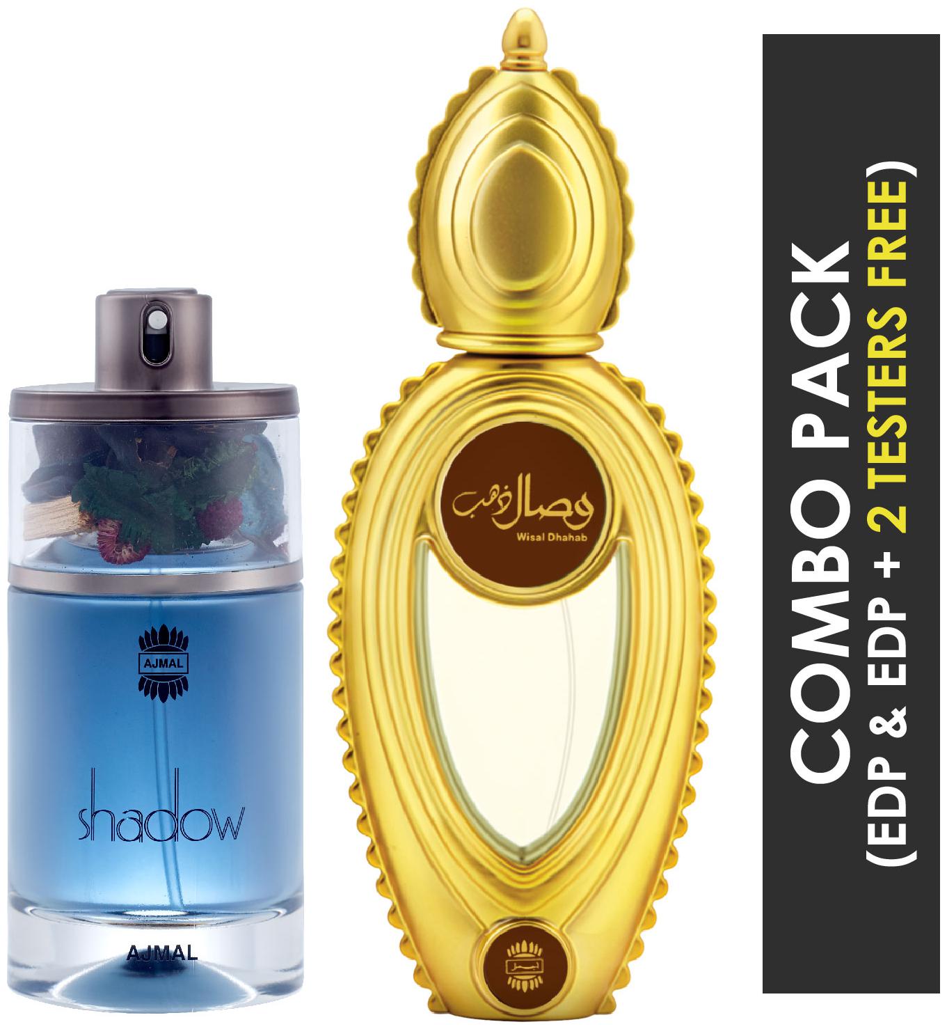 

Ajmal Shadow HIM EDP Spicy Woody Perfume 75ml for Men and Ajmal Wisal Dhahab EDP Fruity Floral Perfume 50ml for Men (Pack of 2)
