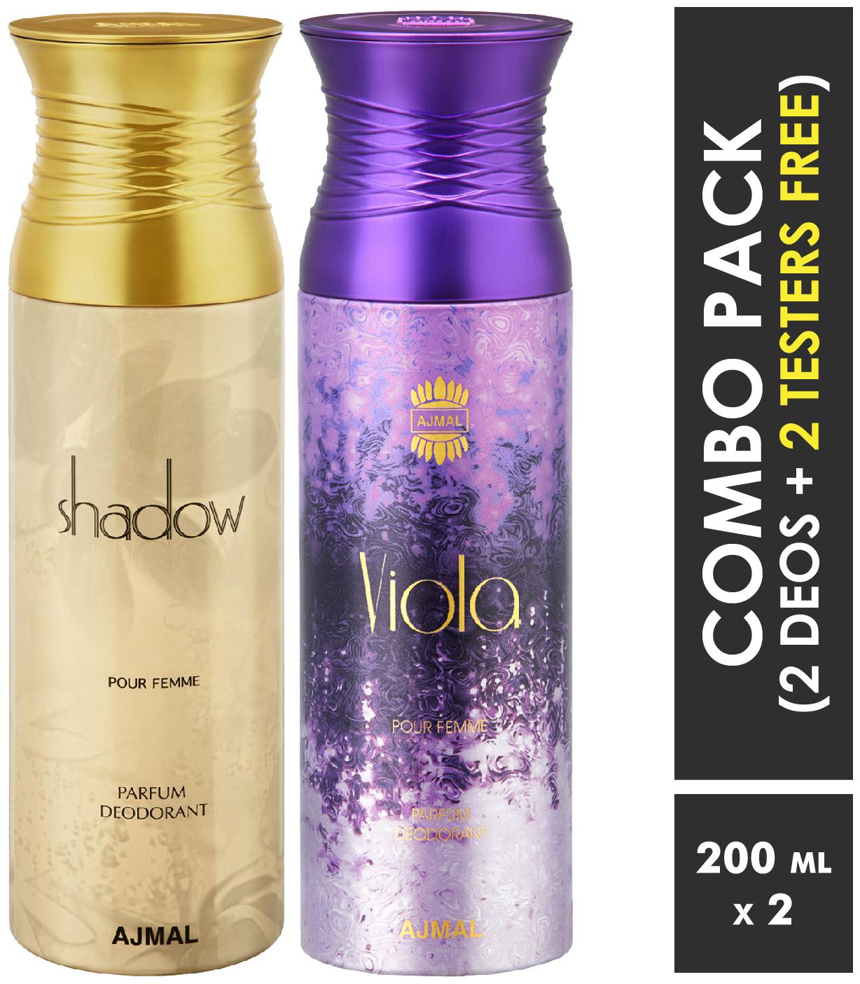 

Ajmal Shadow Homme Viola Deodorant Spray For Men Women 200ml each (Pack of 2 400ml) 2 Parfum Testers Free