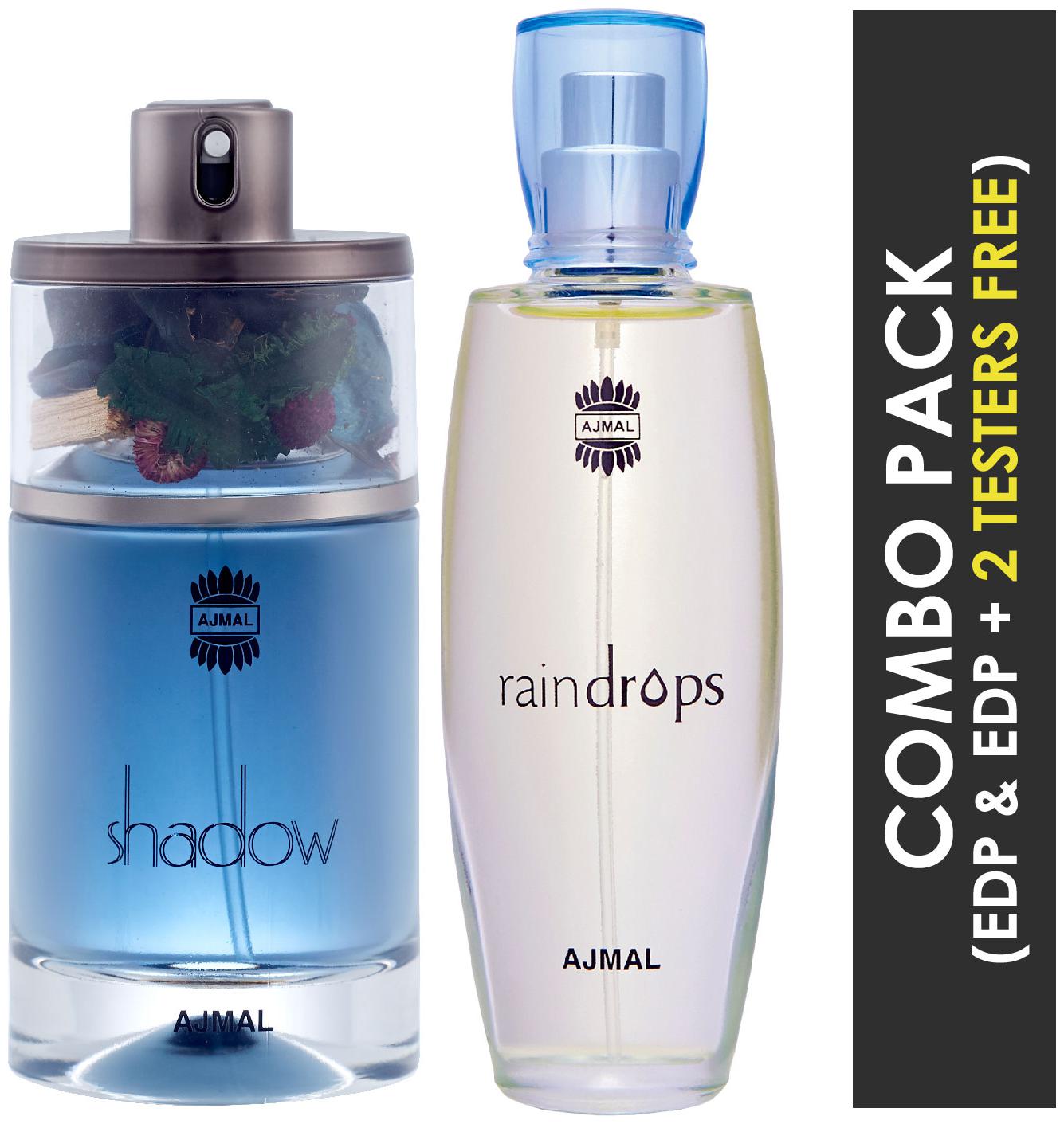 

Ajmal Shadow HIM EDP Spicy Woody Perfume 75ml for Men and Ajmal Raindrops EDP Floral Chypre Perfume 50ml for Women