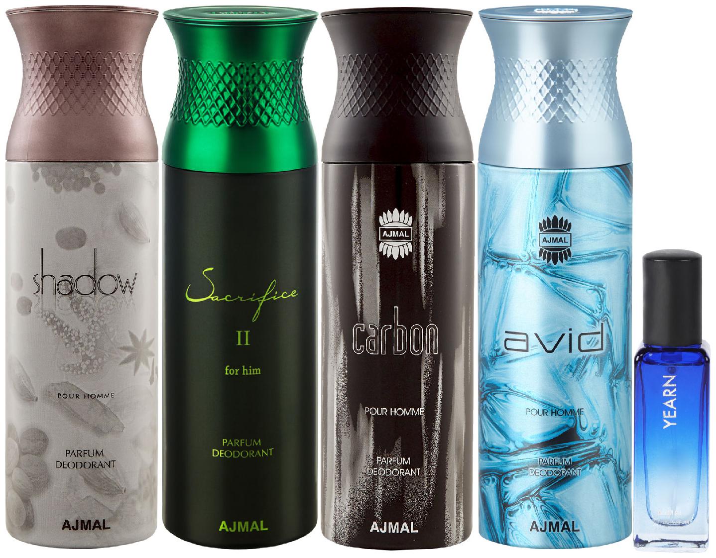 

Ajmal Shadow Homme SacrificeIIHim Carbon Avid Deo each 200 ml Yearn EDP 20 ml Pack of 5 for Men Women