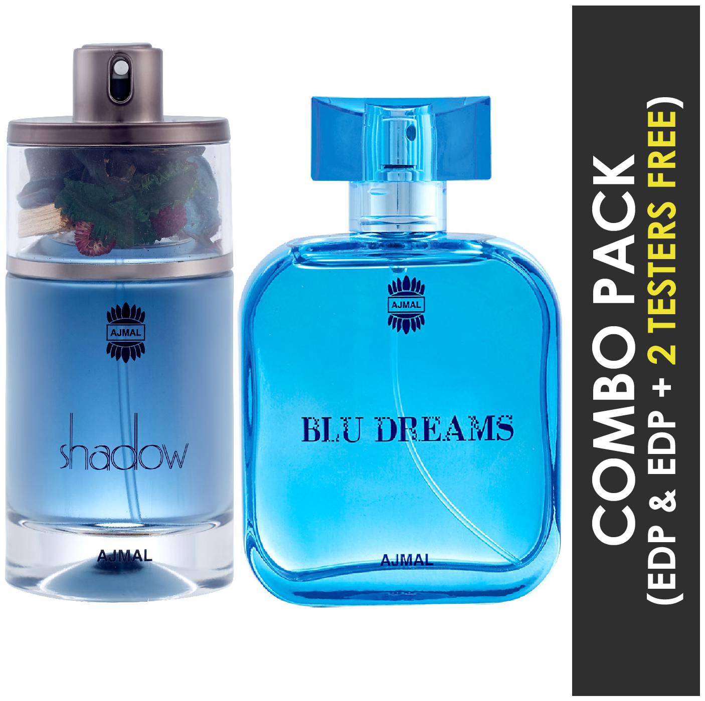 

Ajmal Shadow HIM EDP Spicy Woody Perfume 75ml for Men and Blu Dreams EDP Citurs Fruity Perfume 100ml for Men (Pack of 2)