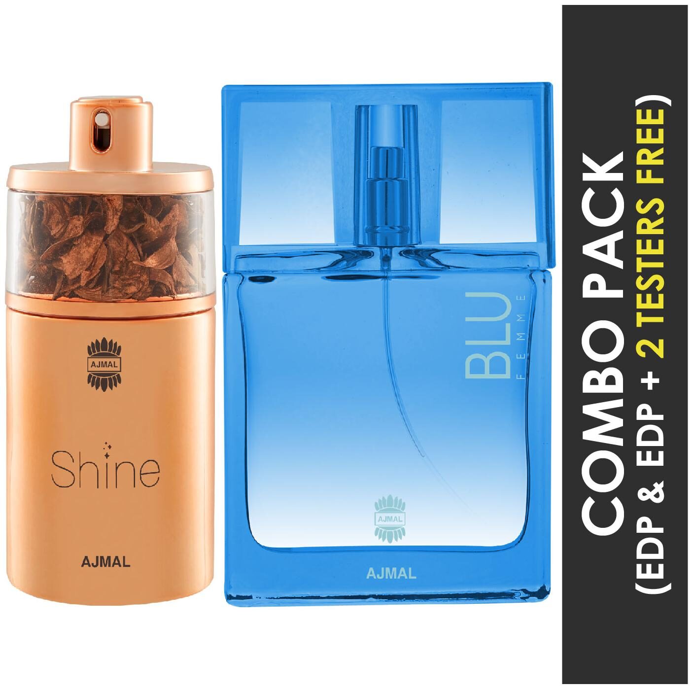 

Ajmal Shine EDP Floral Powdery Perfume 75ml for Women and Ajmal Blu Femme EDP Floral Woody Perfume 50ml for Women