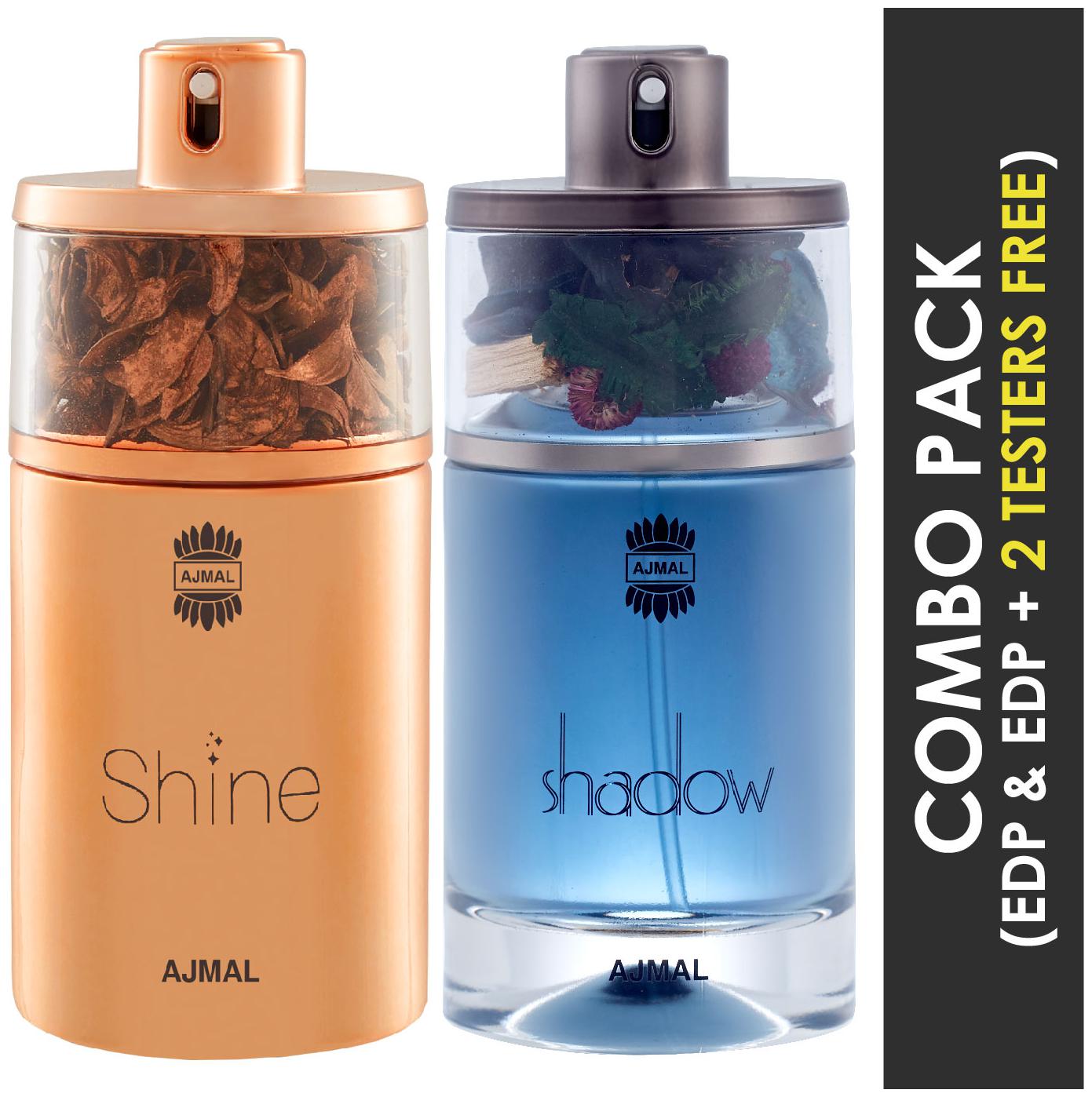 

Ajmal Shine EDP Floral Powdery Perfume 75ml for Women and Ajmal Shadow HIM EDP Spicy Woody Perfume 75ml for Men