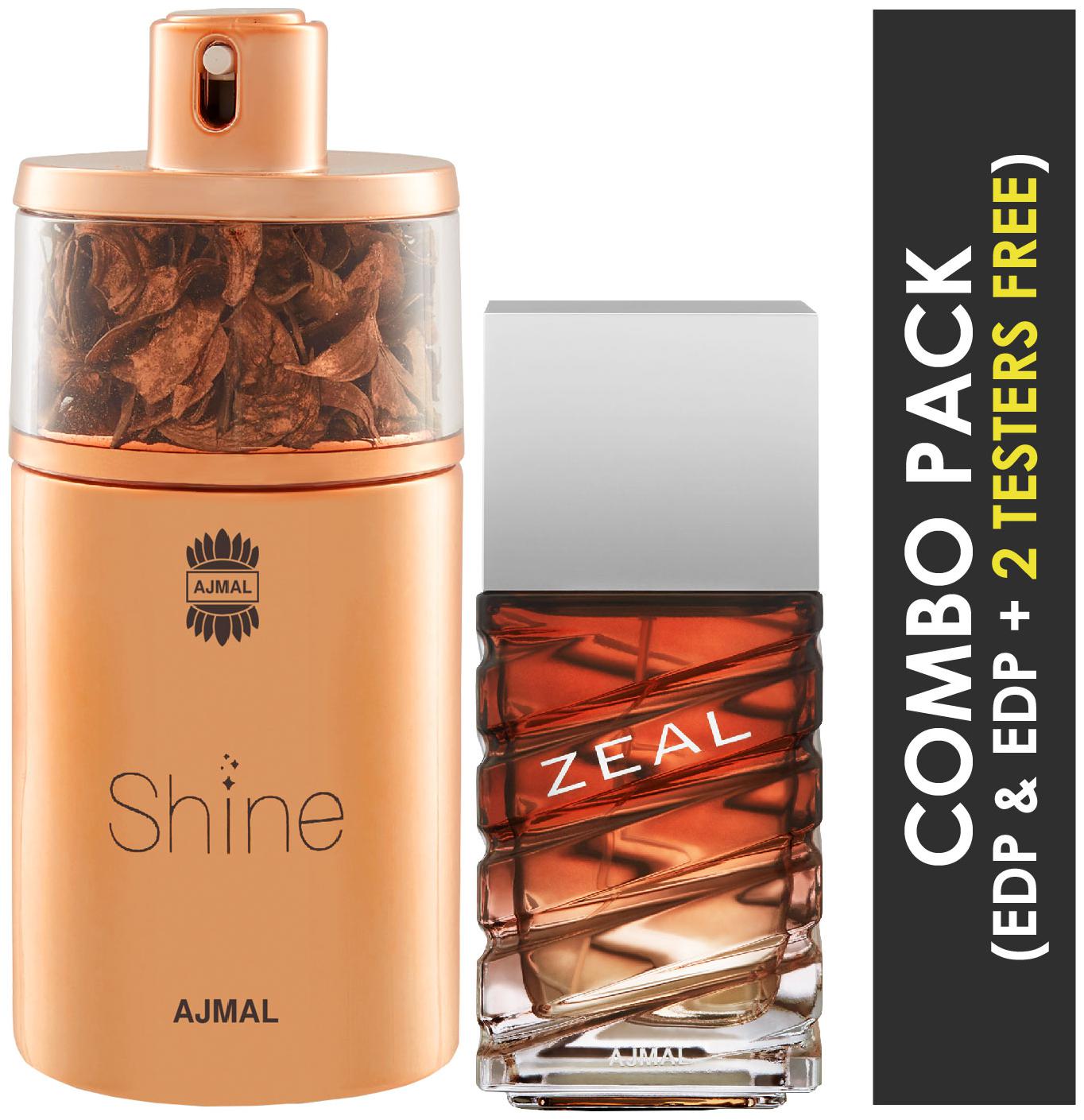 

Ajmal Shine EDP Floral Powdery Perfume 75ml for Women and Zeal EDP Aquatic Woody Perfume 100ml for Men