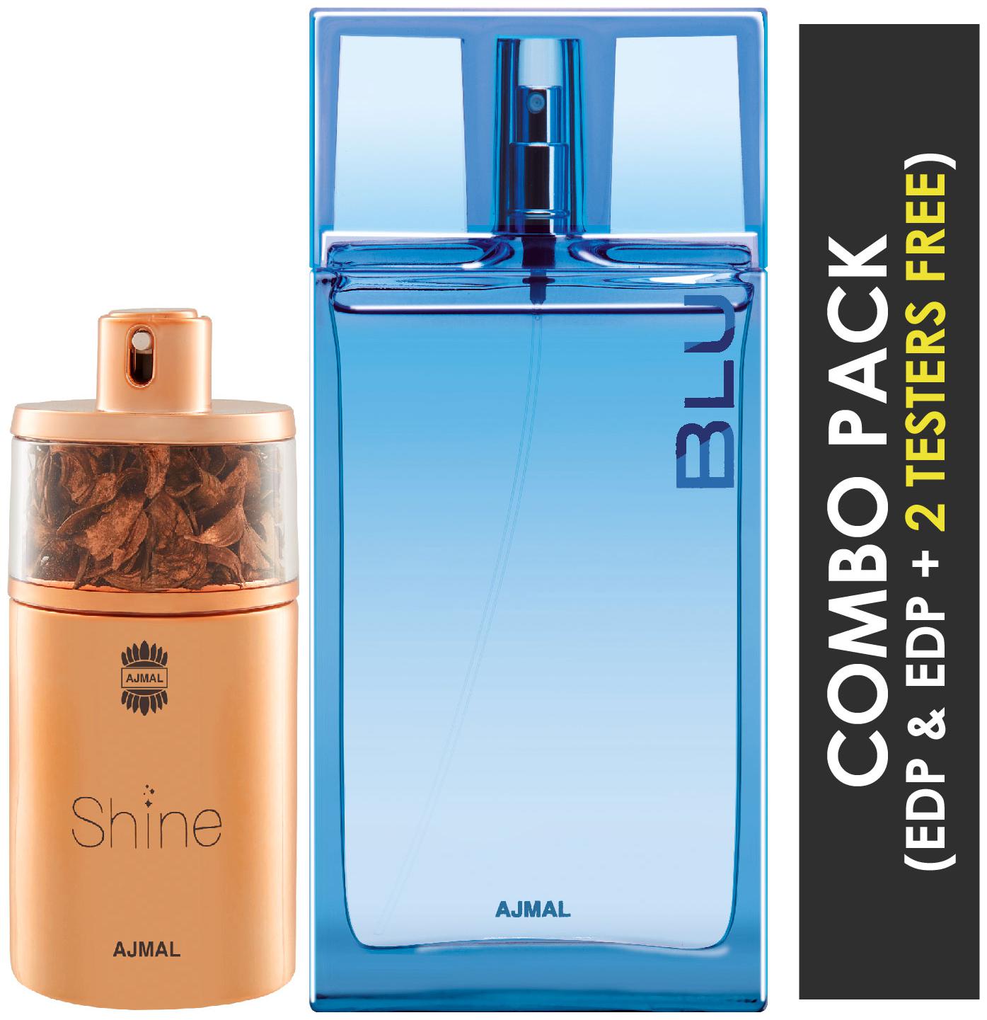 

Ajmal Shine EDP Floral Powdery Perfume 75ml for Women and Ajmal Blu EDP Aquatic Woody Perfume 90ml for Men