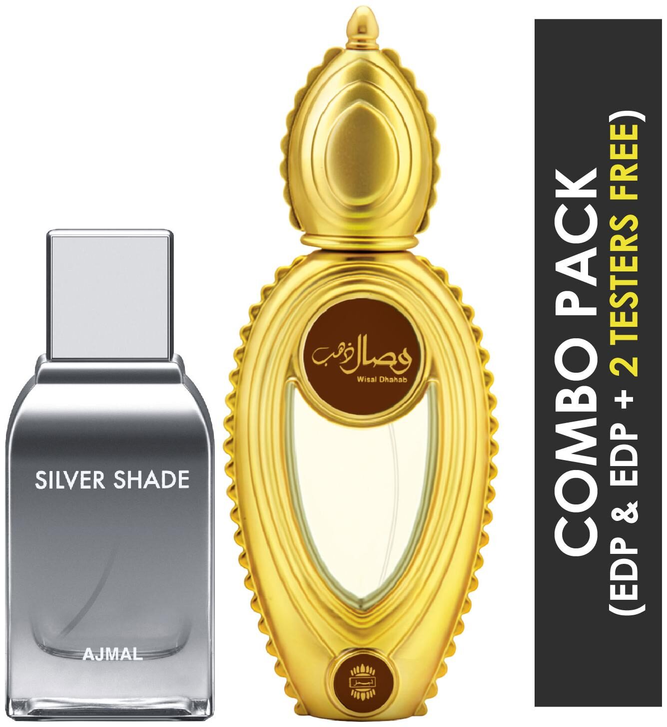 

Ajmal Silver Shade EDP Citrus Woody Perfume 100ml for Men and Ajmal Wisal Dhahab EDP Fruity Floral Perfume 50ml for Men