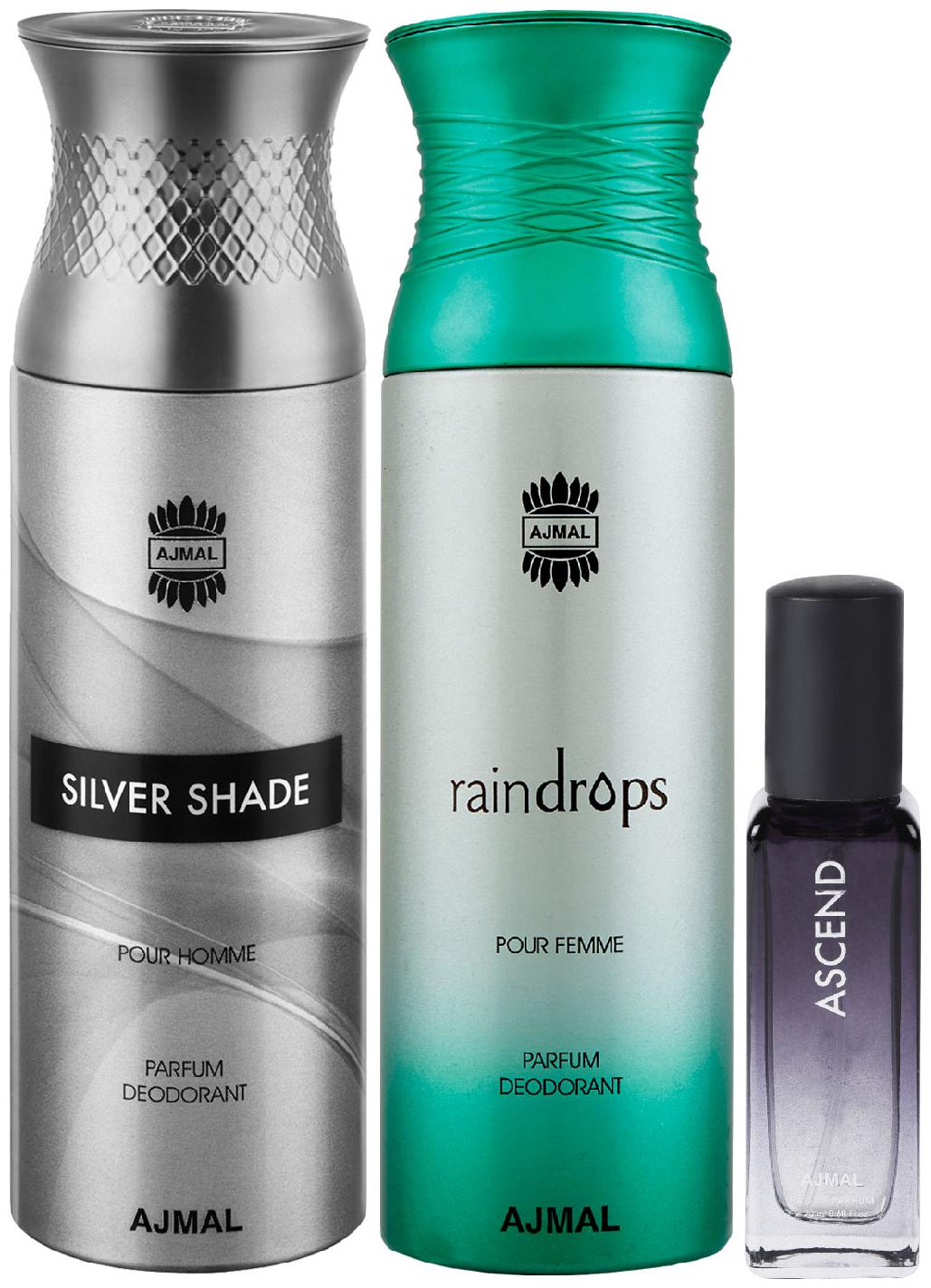 

Ajmal Silver Shade Raindrops Deo each 200 ml Ascend EDP 20 ml Pack of 3 for Men Women