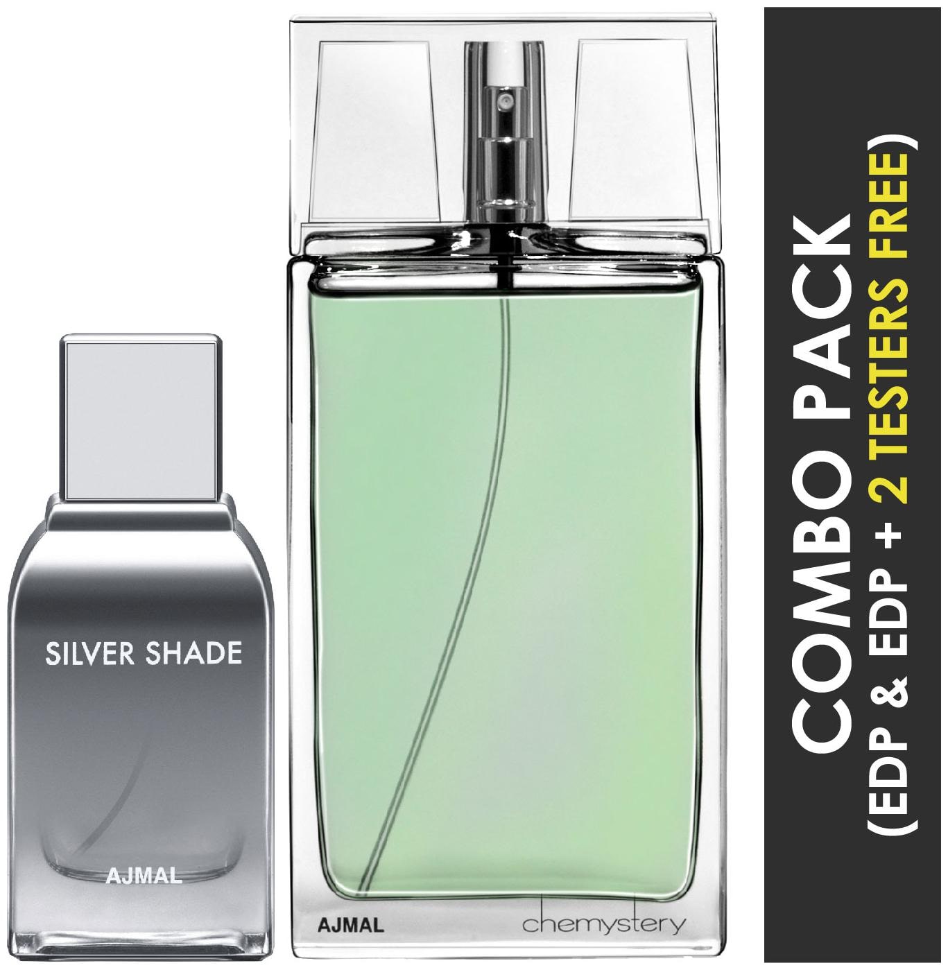 

Ajmal Silver Shade EDP Citrus Woody Perfume 100ml for Men and Ajmal Chemystery EDP Spicy Woody Perfume 90ml for Men (Pack of 2)