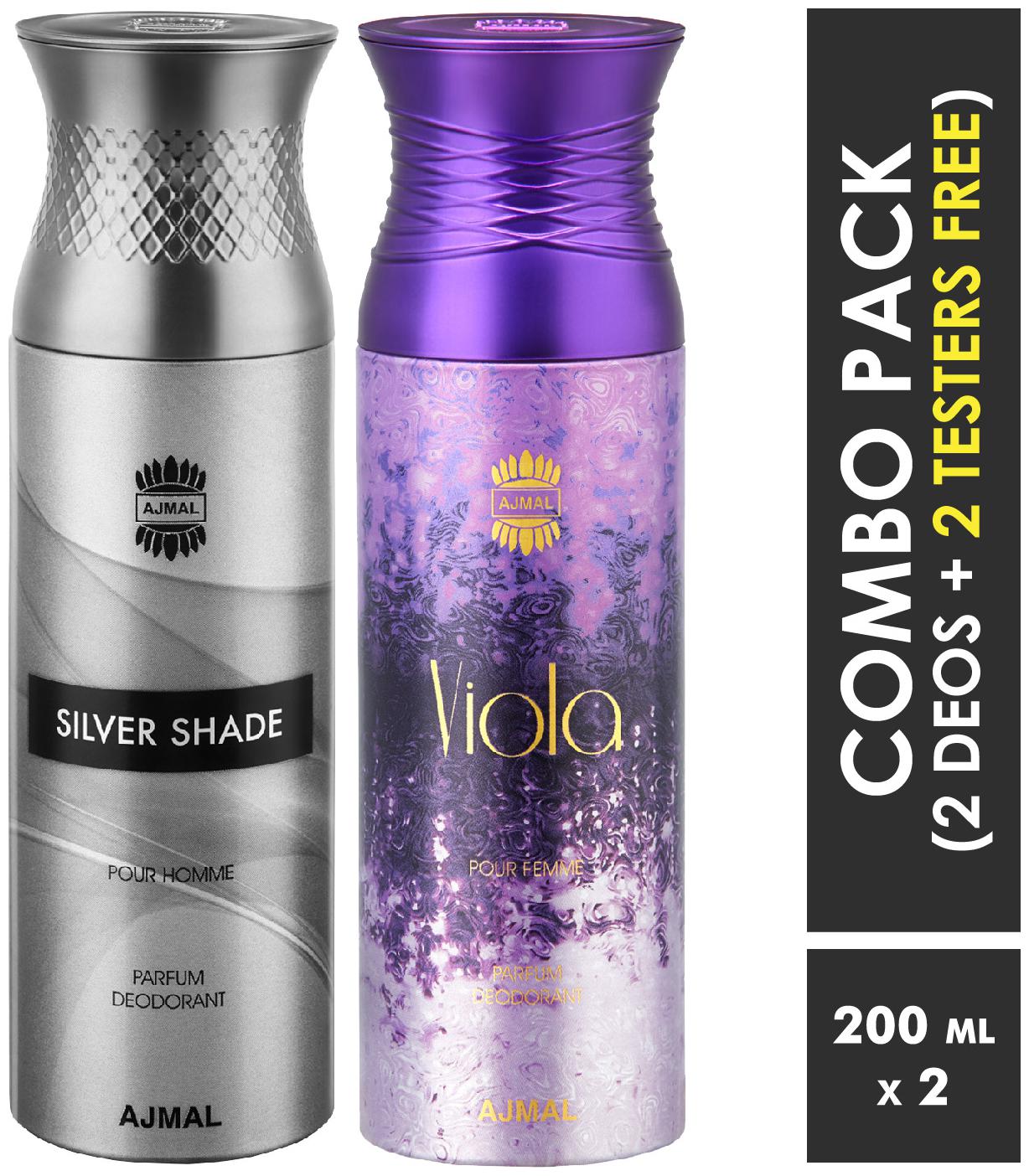 

Ajmal SilverShade Viola Deodorant Spray for Men Women 200ml each (Pack of 2 400ml) 2 Parfum Testers Free