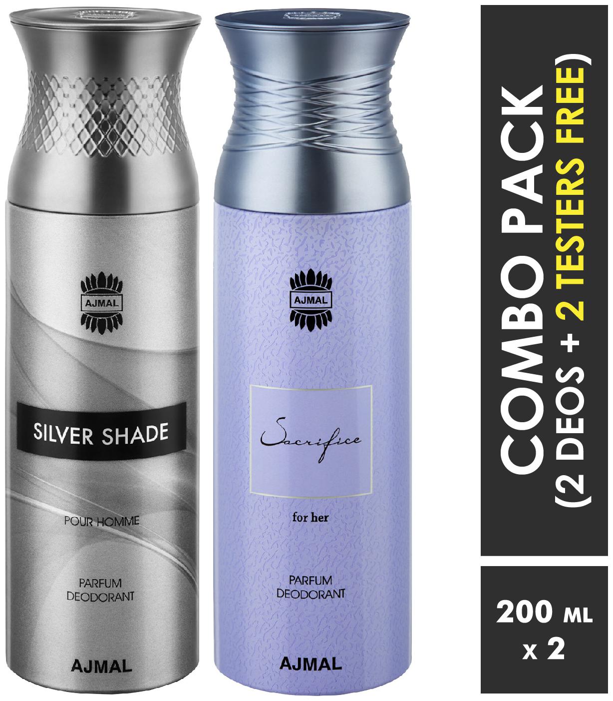

Ajmal SilverShade SacrificeHer Deodorant Spray for Men Women 200ml each (Pack of 2 400ml) 2 Parfum Testers Free