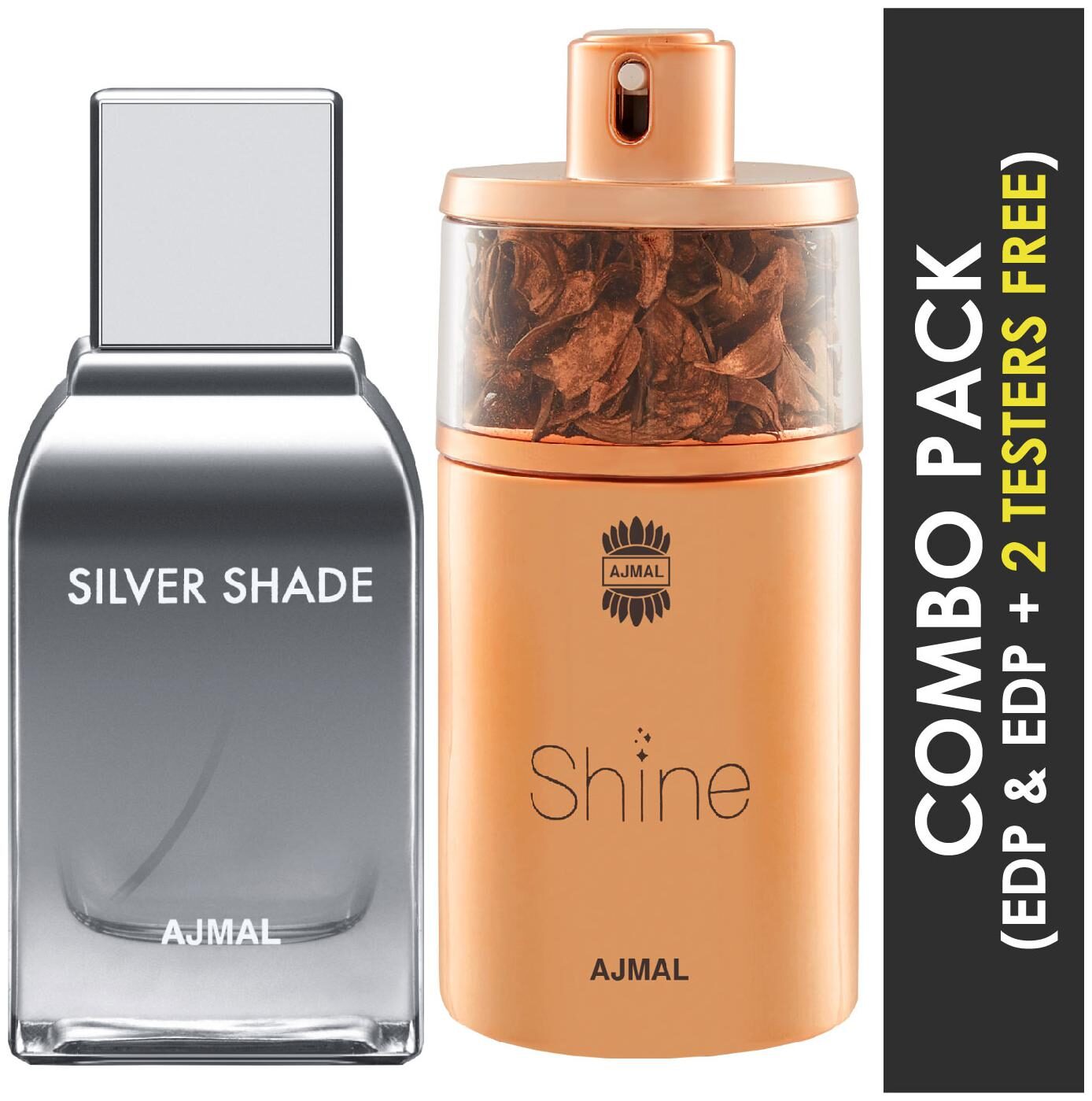

Ajmal Silver Shade EDP Citrus Woody Perfume 100ml for Men and Ajmal Shine EDP Floral Powdery Perfume 75ml for Women